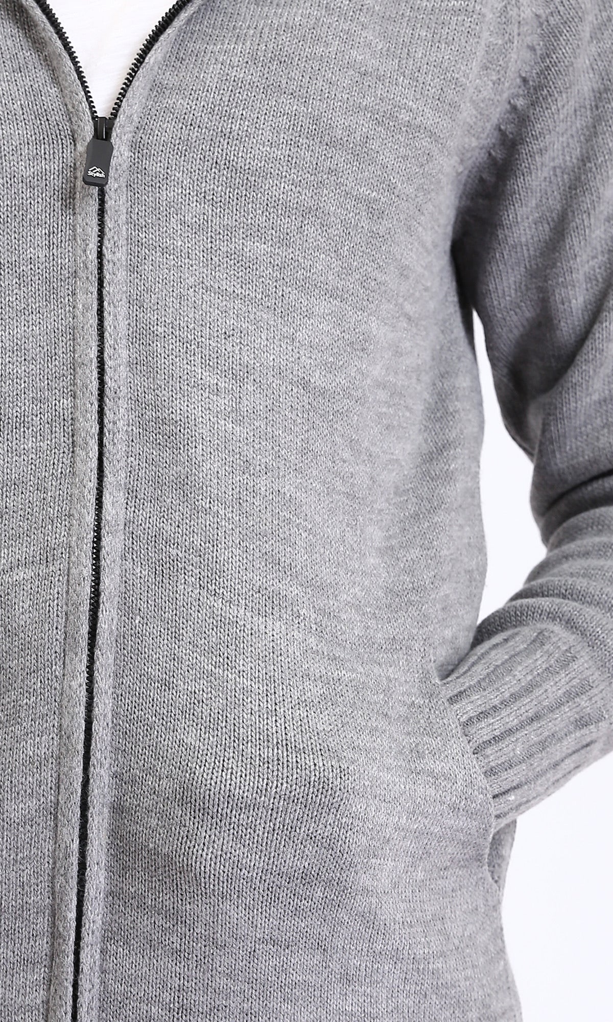 R211740 - Hooded Neck Full Zipper Knitted Sweater - Heather Grey - Image 3