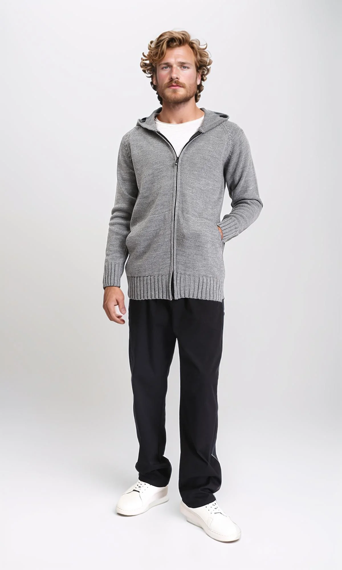 R211740 - Hooded Neck Full Zipper Knitted Sweater - Heather Grey - Image 4