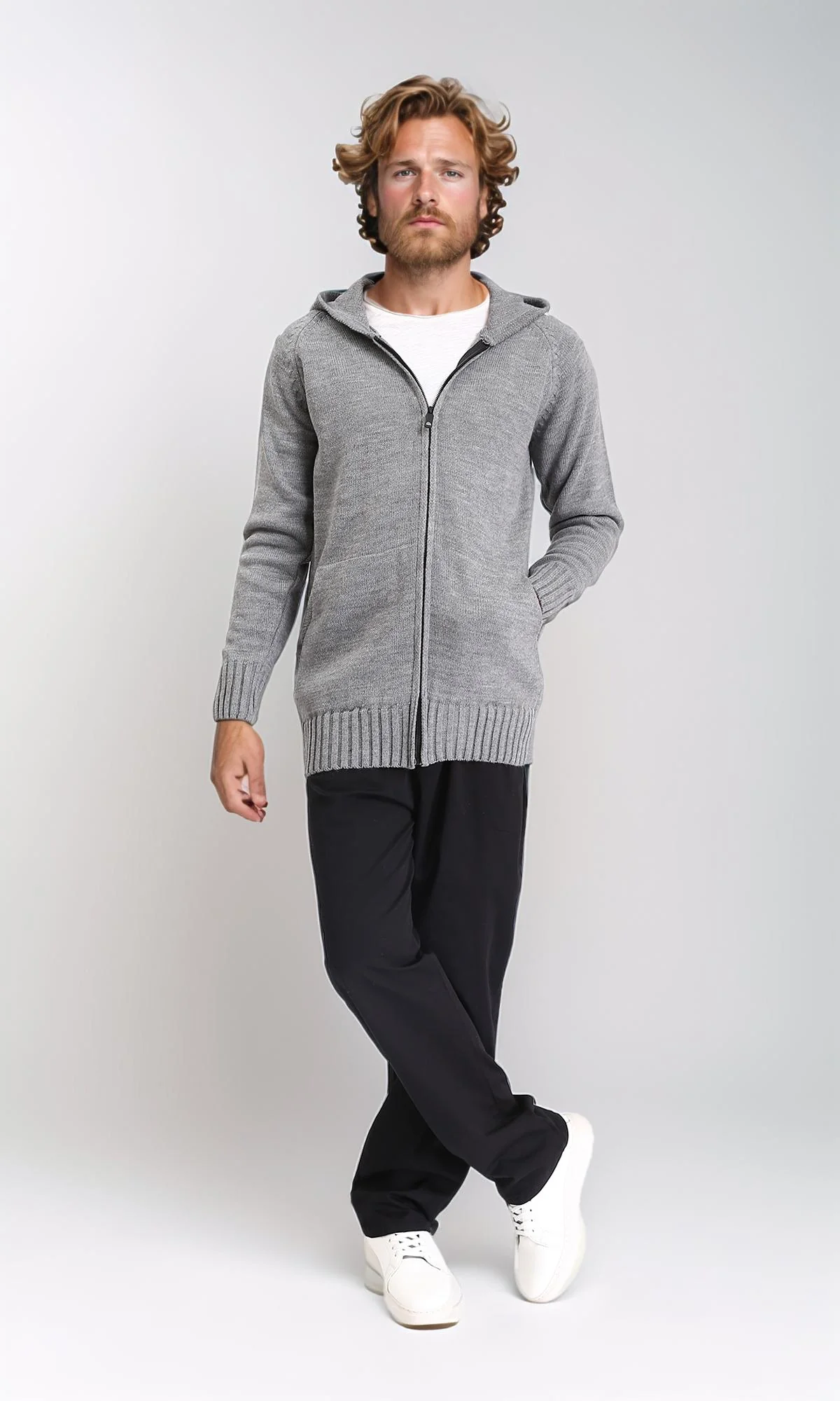 R211740 - Hooded Neck Full Zipper Knitted Sweater - Heather Grey - Image 5