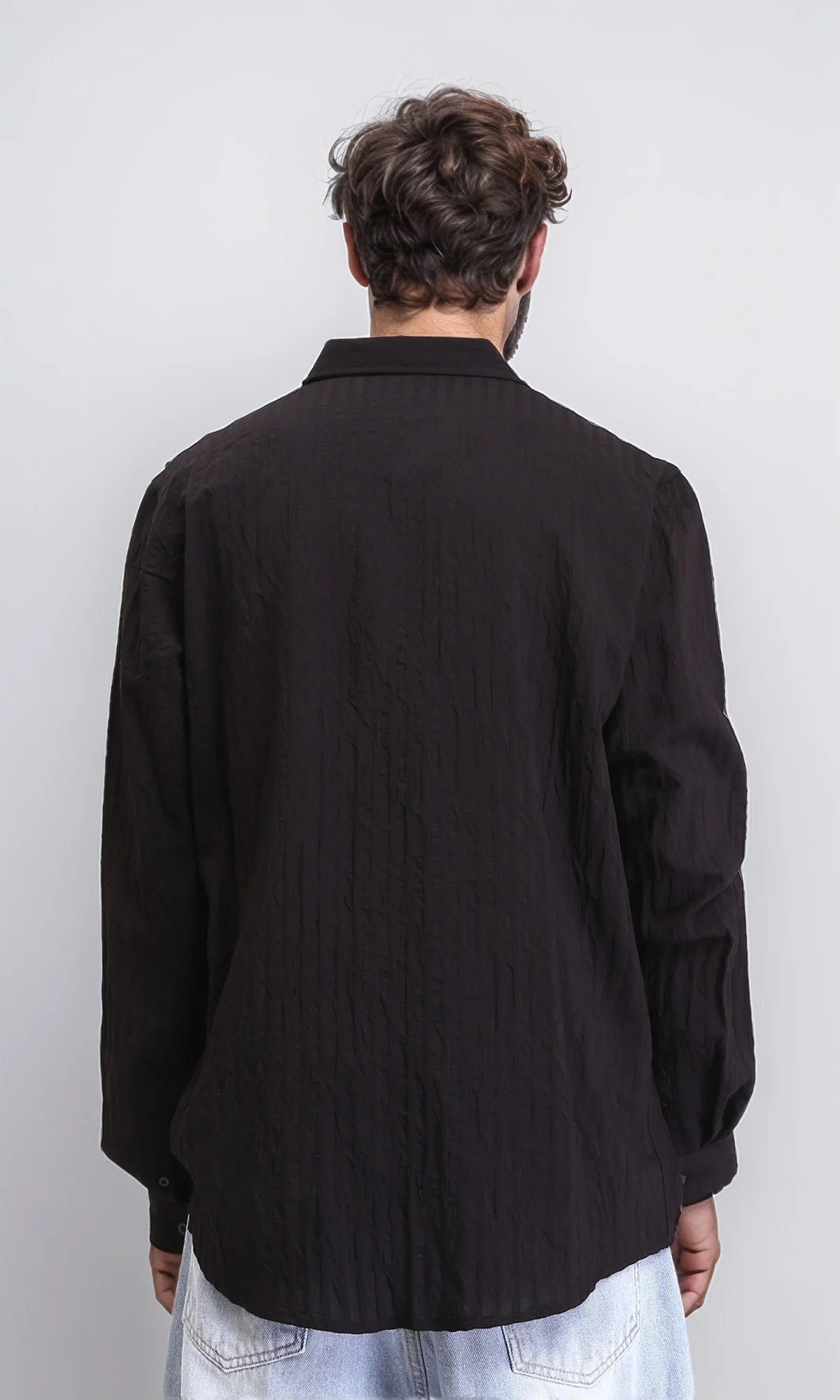 R211742 - Self Striped Long Sleeves Casual Shirt - Black - Image 2