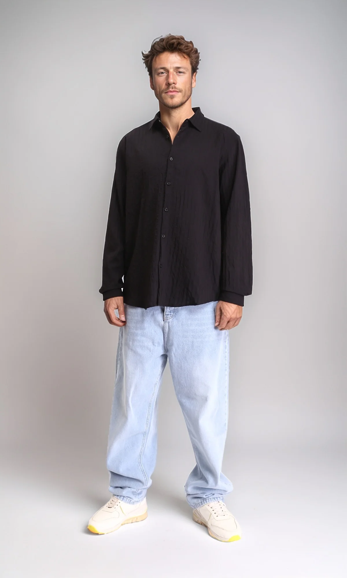 R211742 - Self Striped Long Sleeves Casual Shirt - Black - Image 4