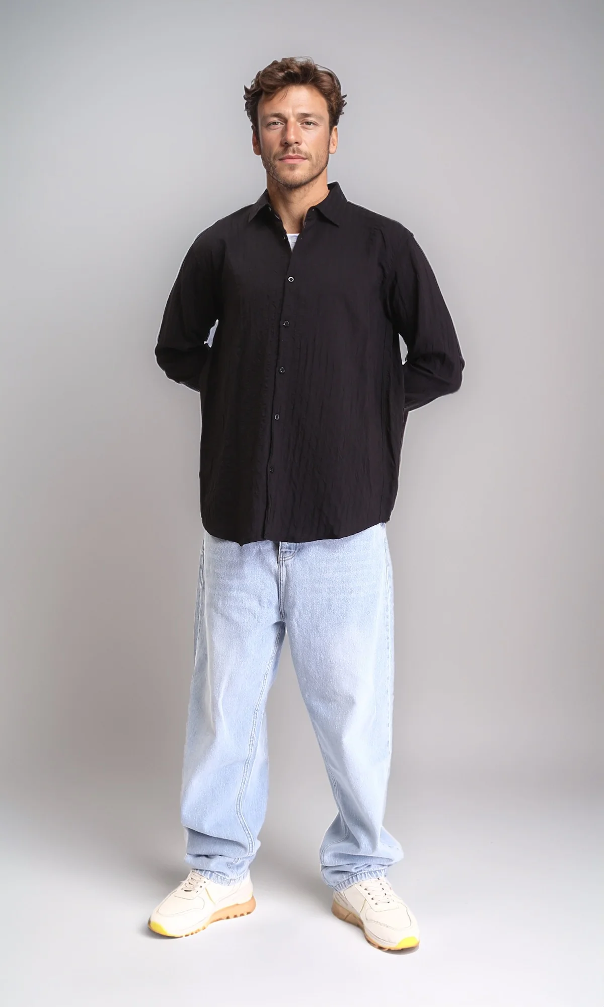 R211742 - Self Striped Long Sleeves Casual Shirt - Black - Image 5