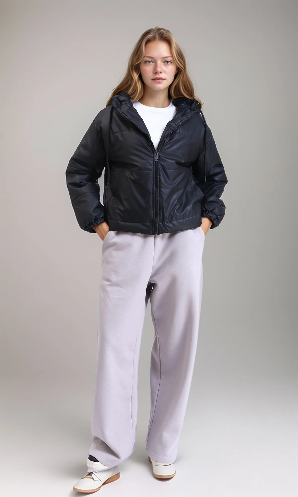 Black Quilted Bomber Jacket - Long Sleeve Hooded Zipper Jacket for Women - Image 4