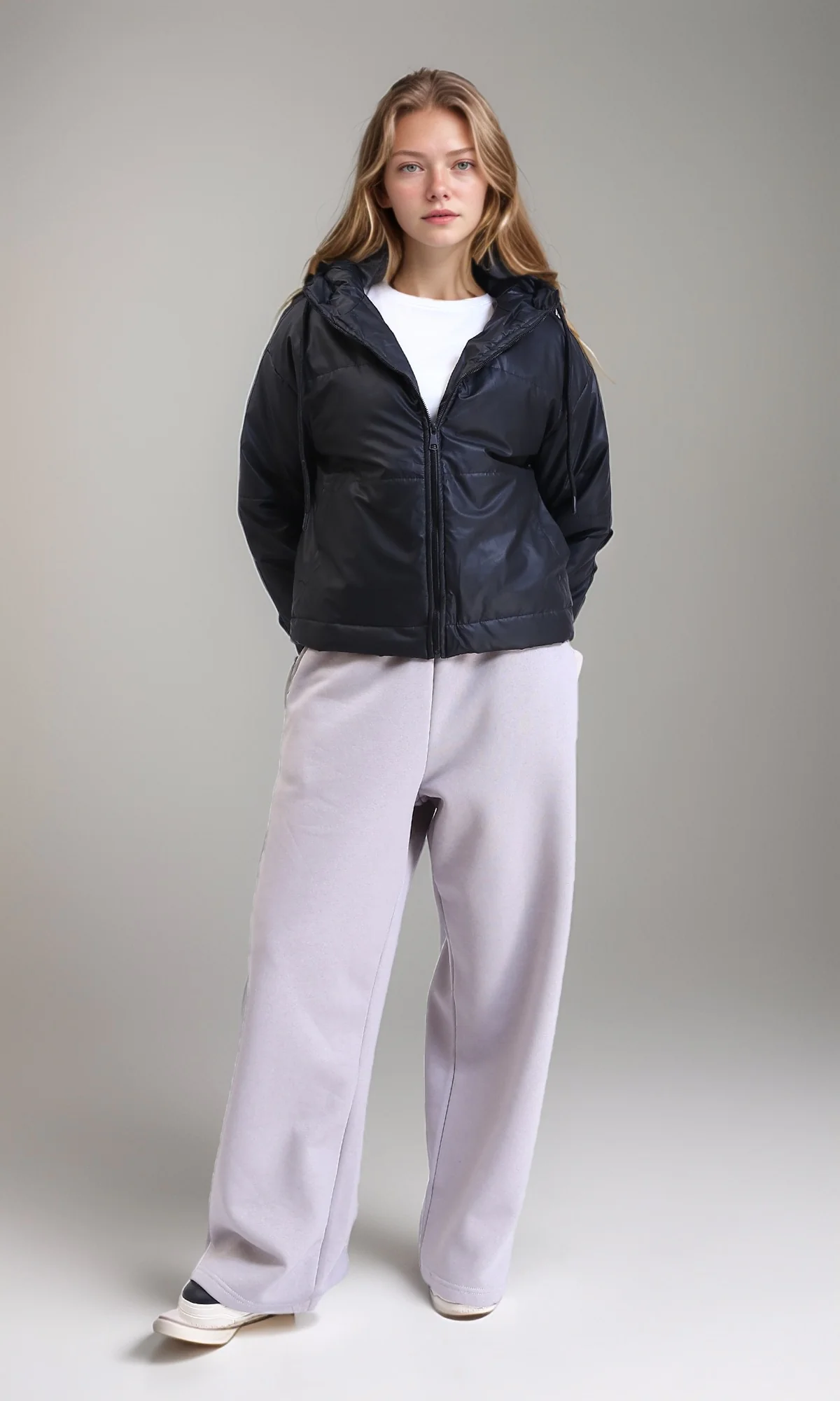 Black Quilted Bomber Jacket - Long Sleeve Hooded Zipper Jacket for Women - Image 5