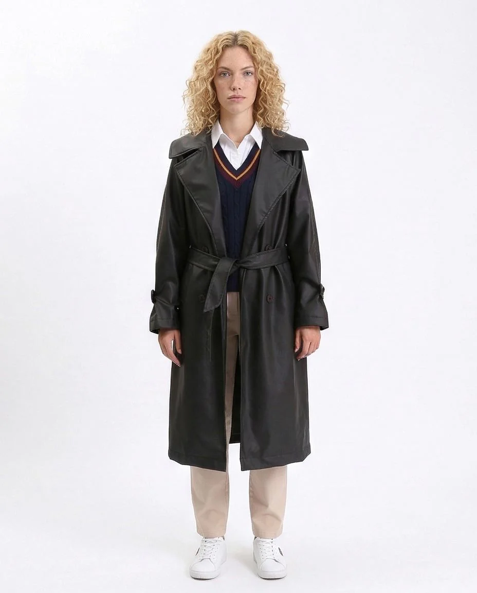 Ravin Faux-Leather Belted Long Trench Coat - R211879