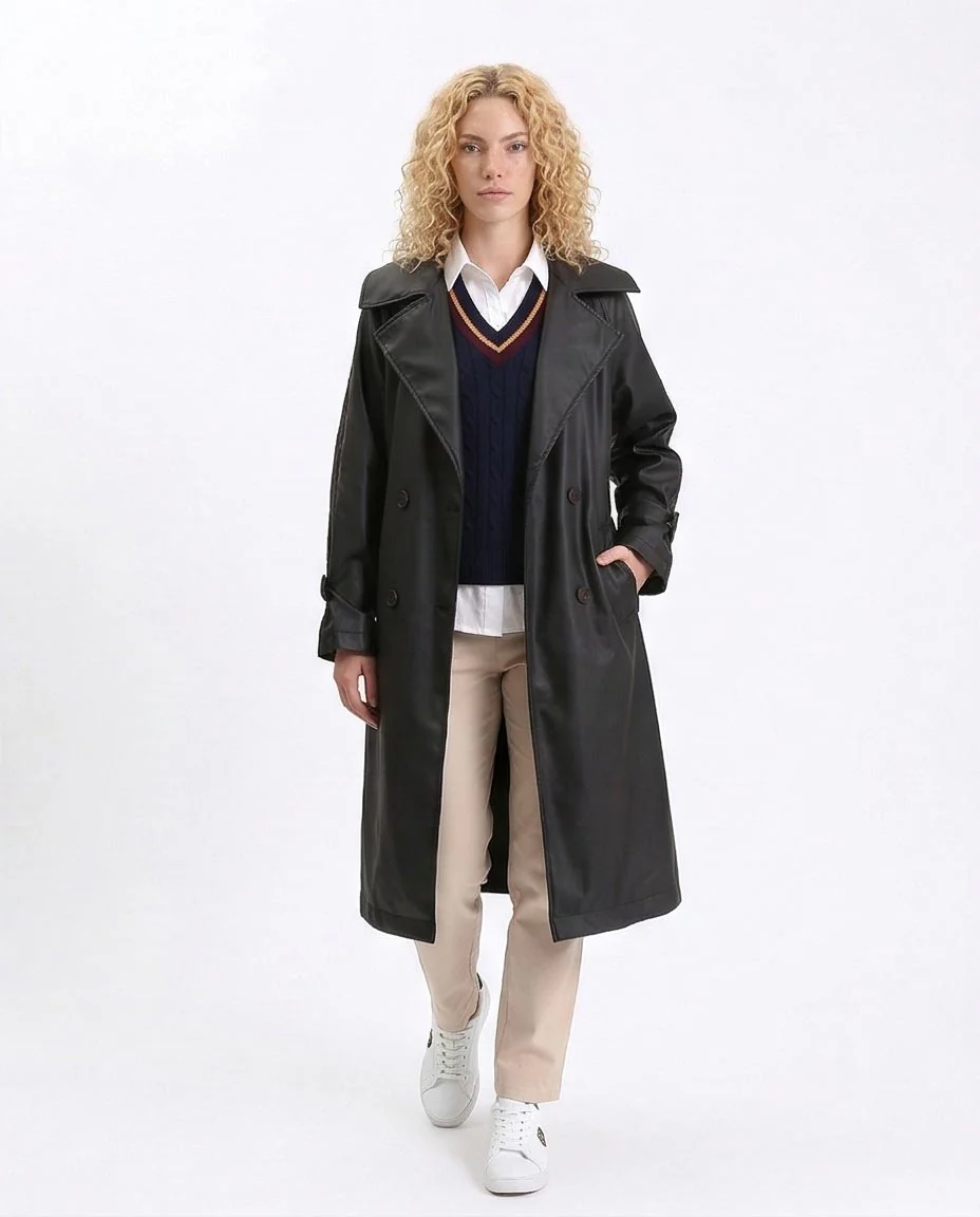 Ravin Faux-Leather Belted Long Trench Coat - R211879 - Image 5