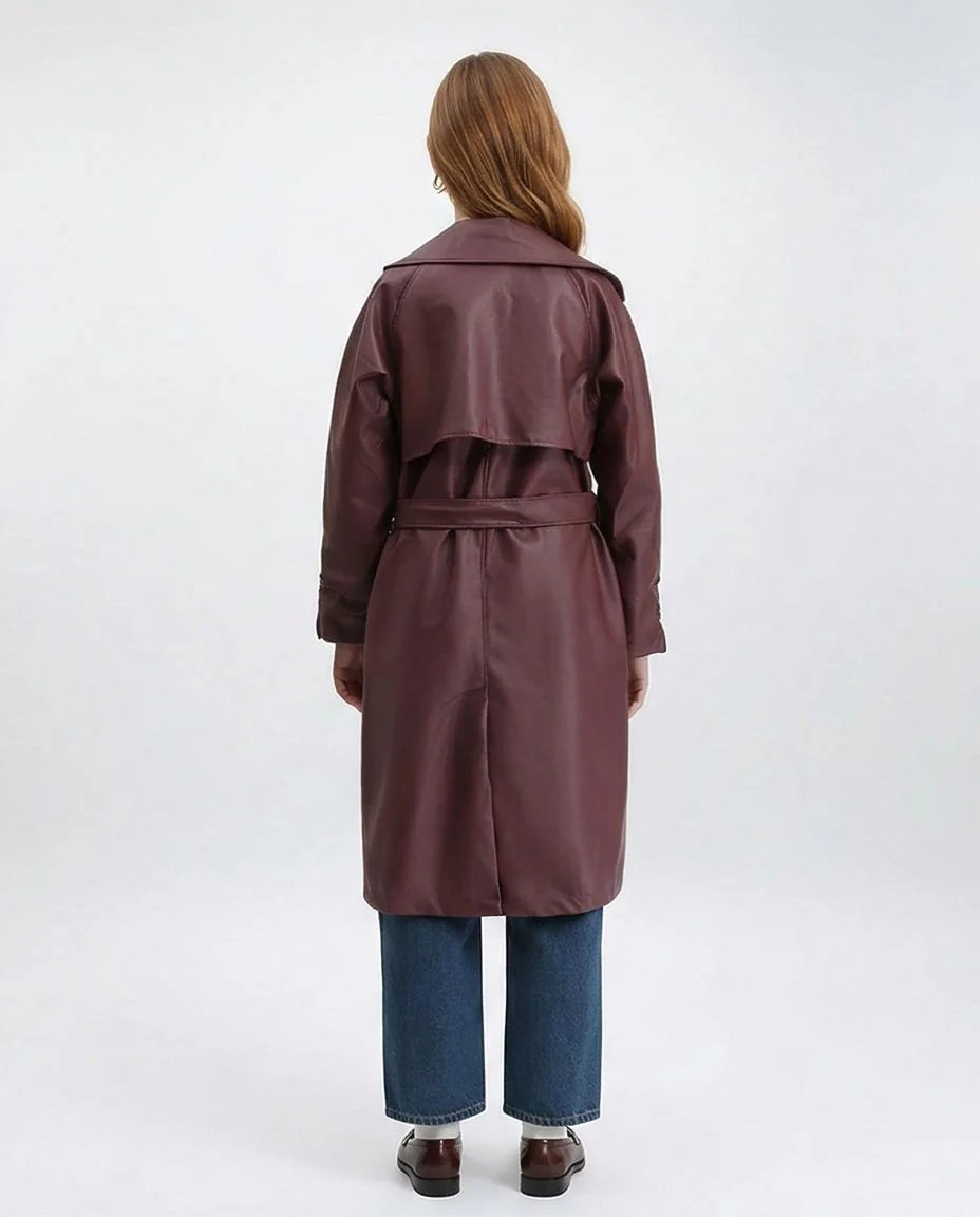 Ravin Burgundy Faux-Leather Belted Trench Coat - R211880 - Image 2