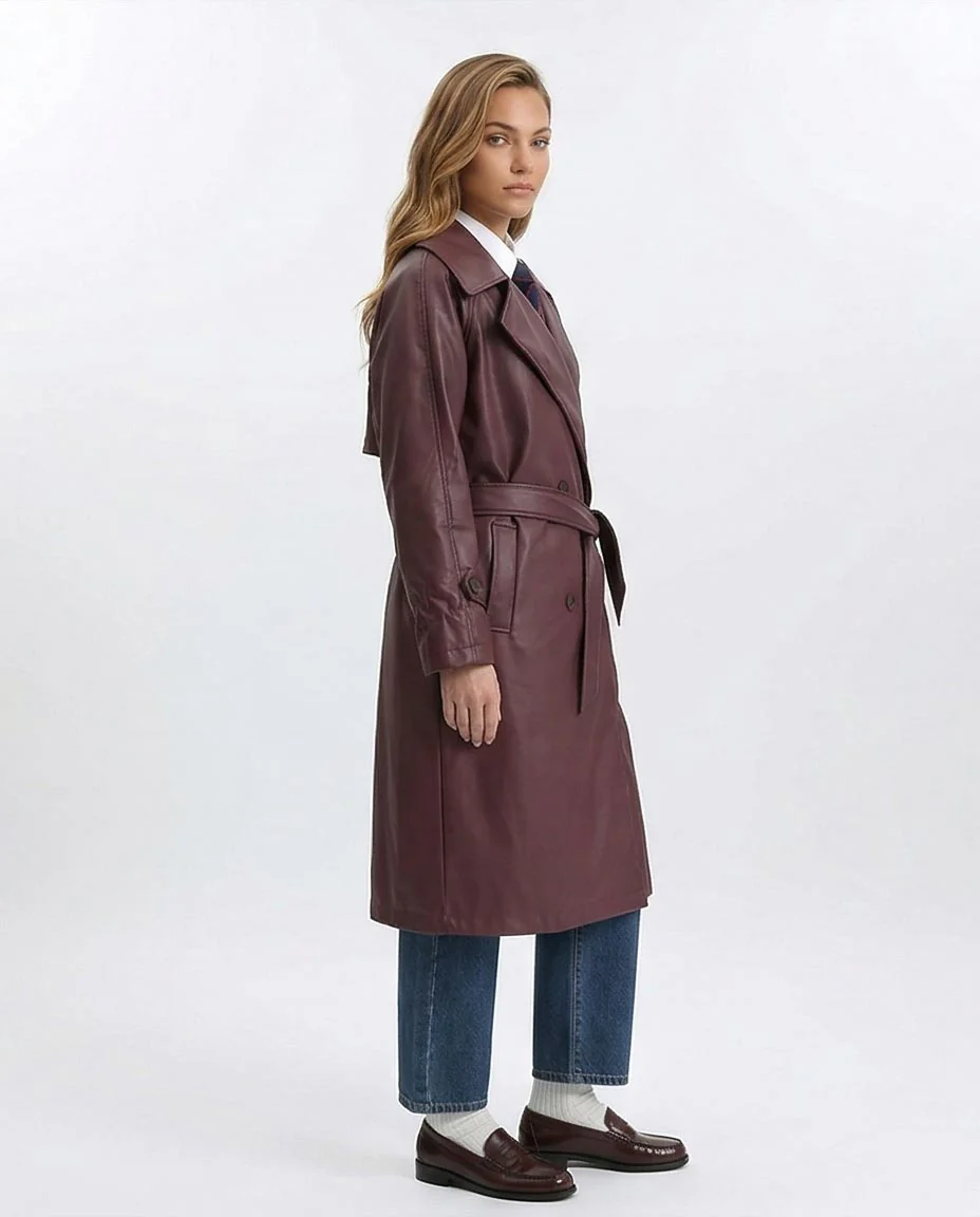 Ravin Burgundy Faux-Leather Belted Trench Coat - R211880 - Image 4