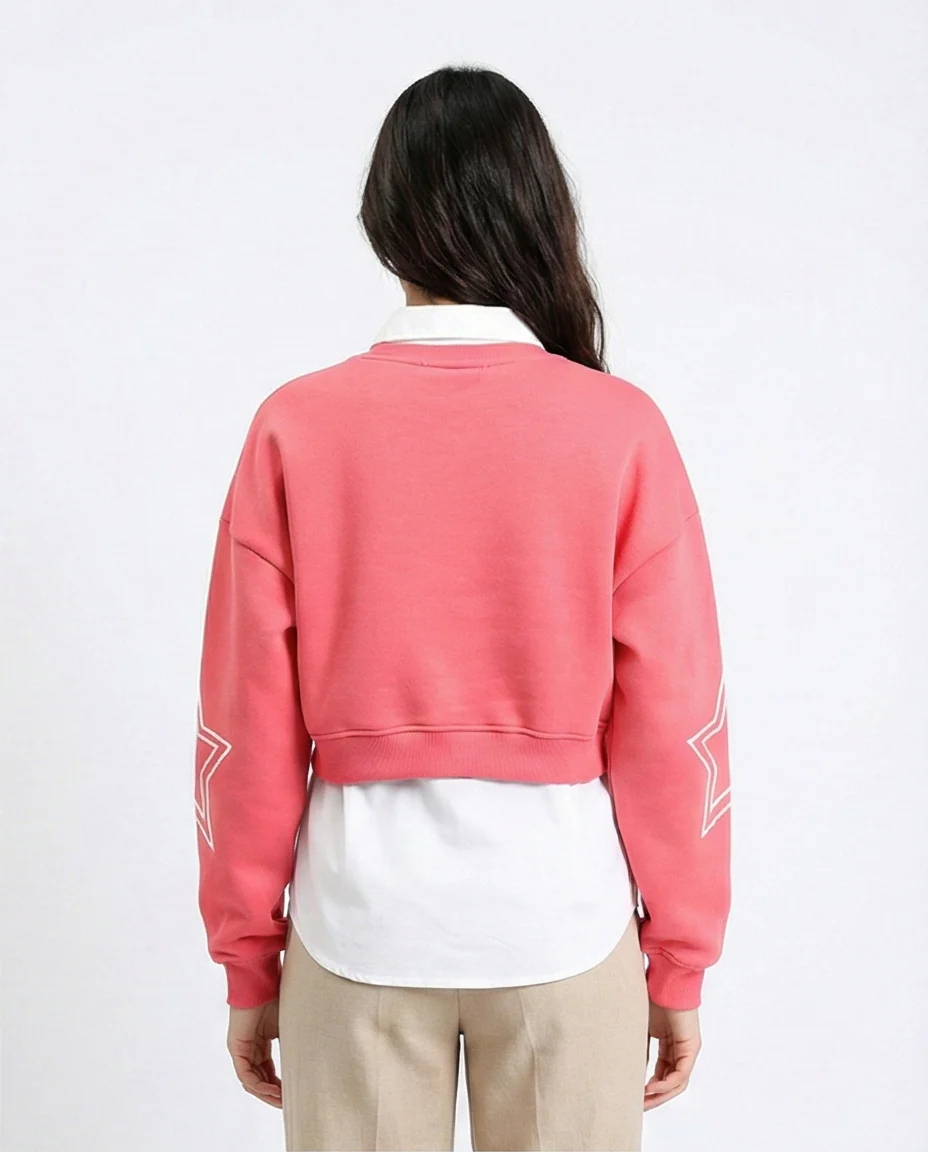 R212058 - Round Neck Printed Short Sweatshirt - Coral Pink - Image 2