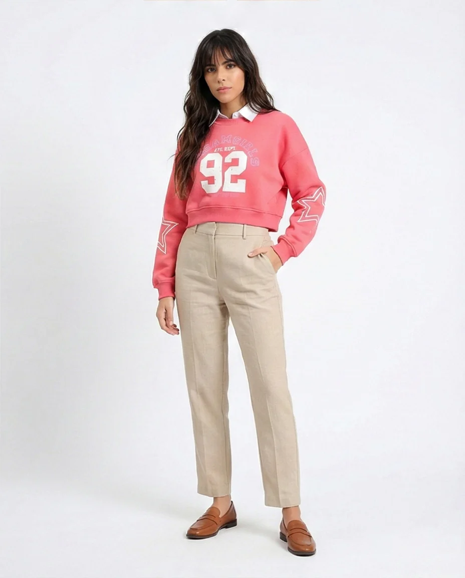 R212058 - Round Neck Printed Short Sweatshirt - Coral Pink - Image 5