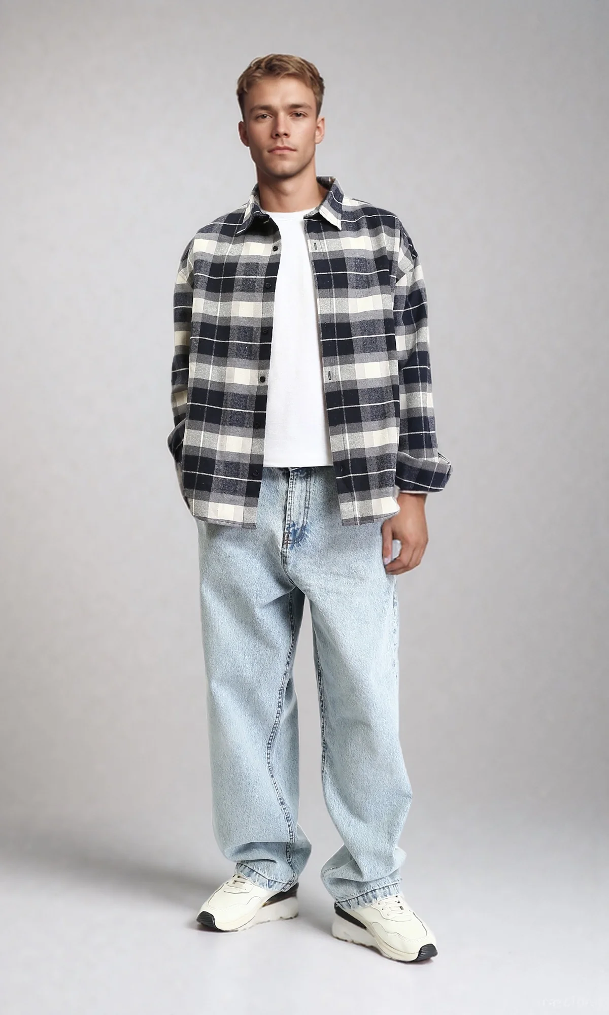 R212080 - Plaids Casual Regular Fit Shirt - Navy Blue & Off-White - Image 4