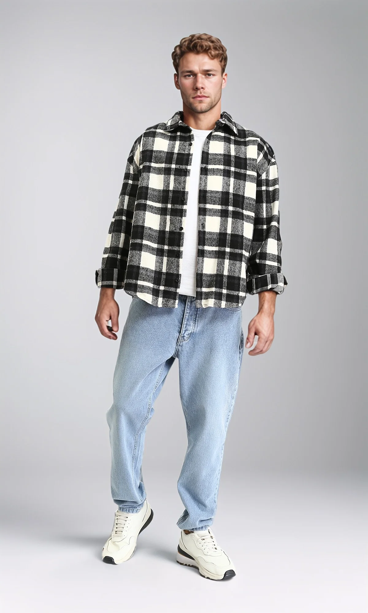 R212081 - Tartan Long Sleeves Buttoned Shirt - Black & White - Image 4