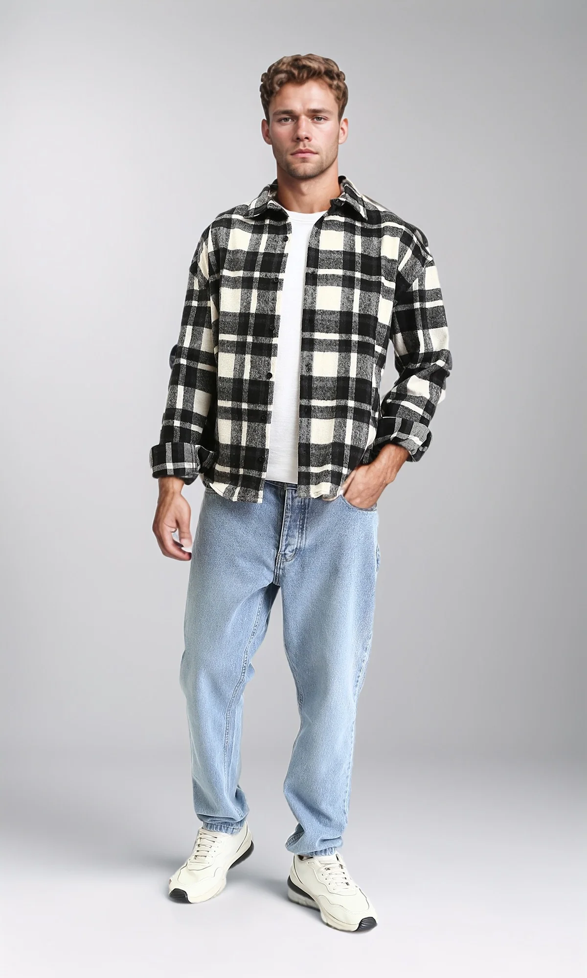 R212081 - Tartan Long Sleeves Buttoned Shirt - Black & White - Image 5