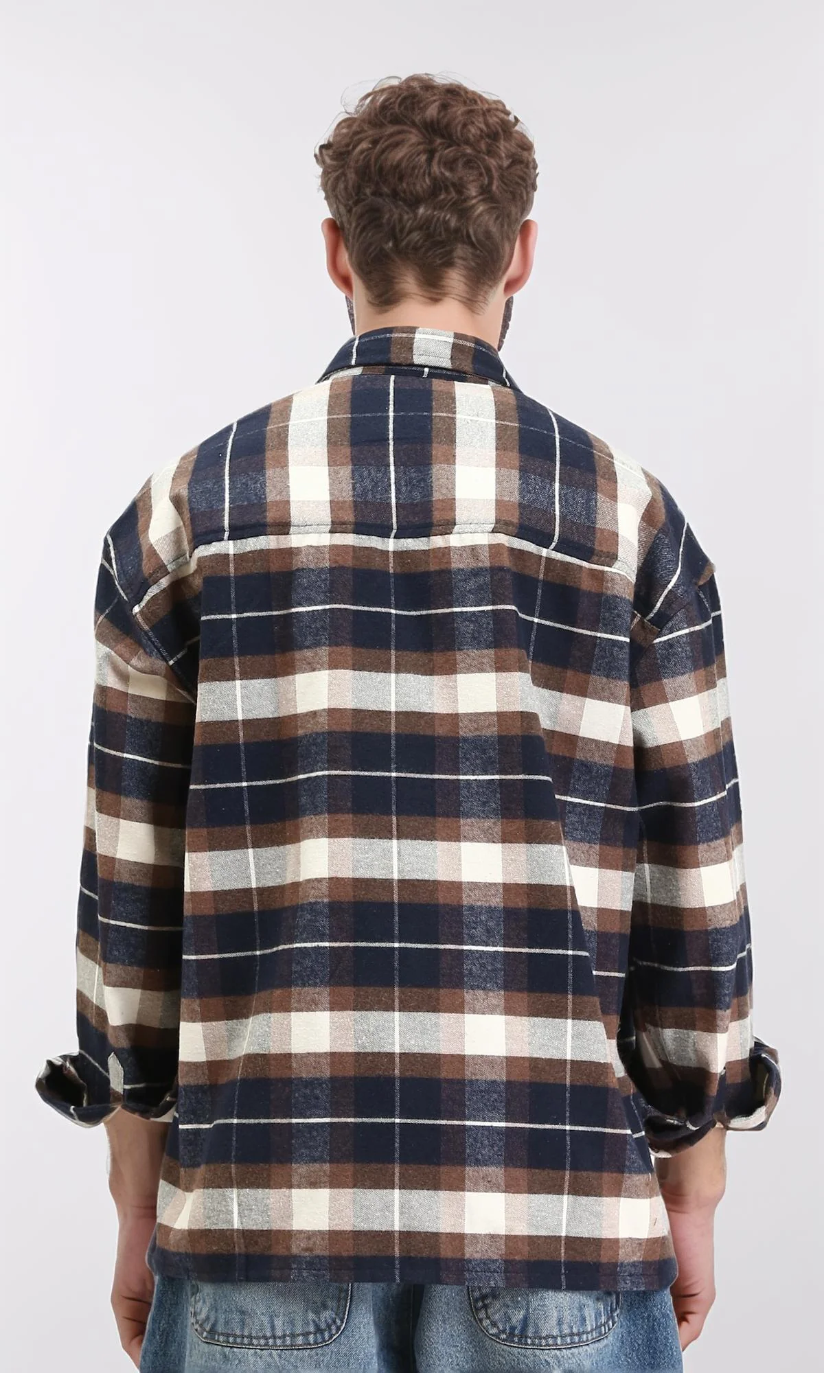 R212085 - Plaid Shirt with Front Pockets - Navy Blue & Brown - Image 2