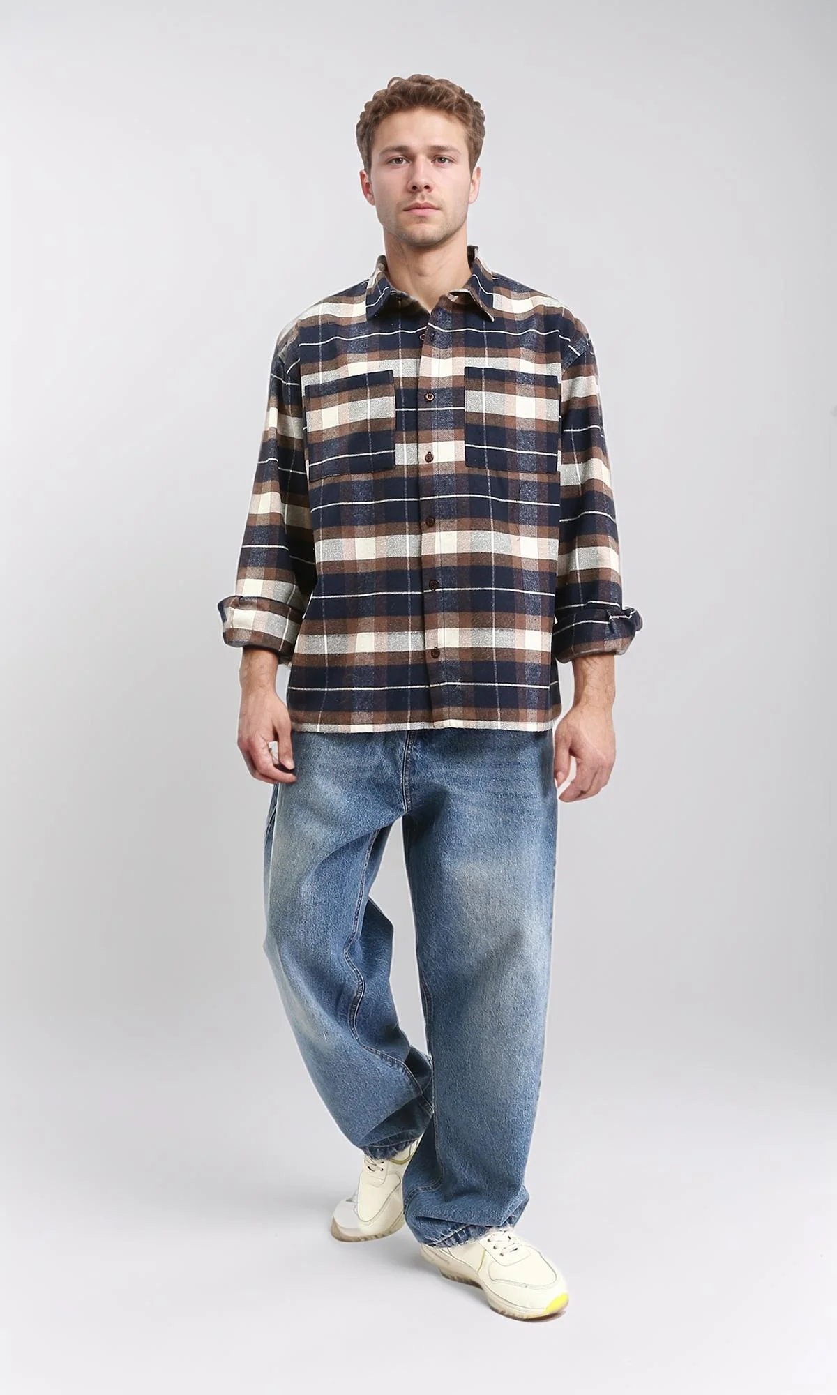 R212085 - Plaid Shirt with Front Pockets - Navy Blue & Brown - Image 3