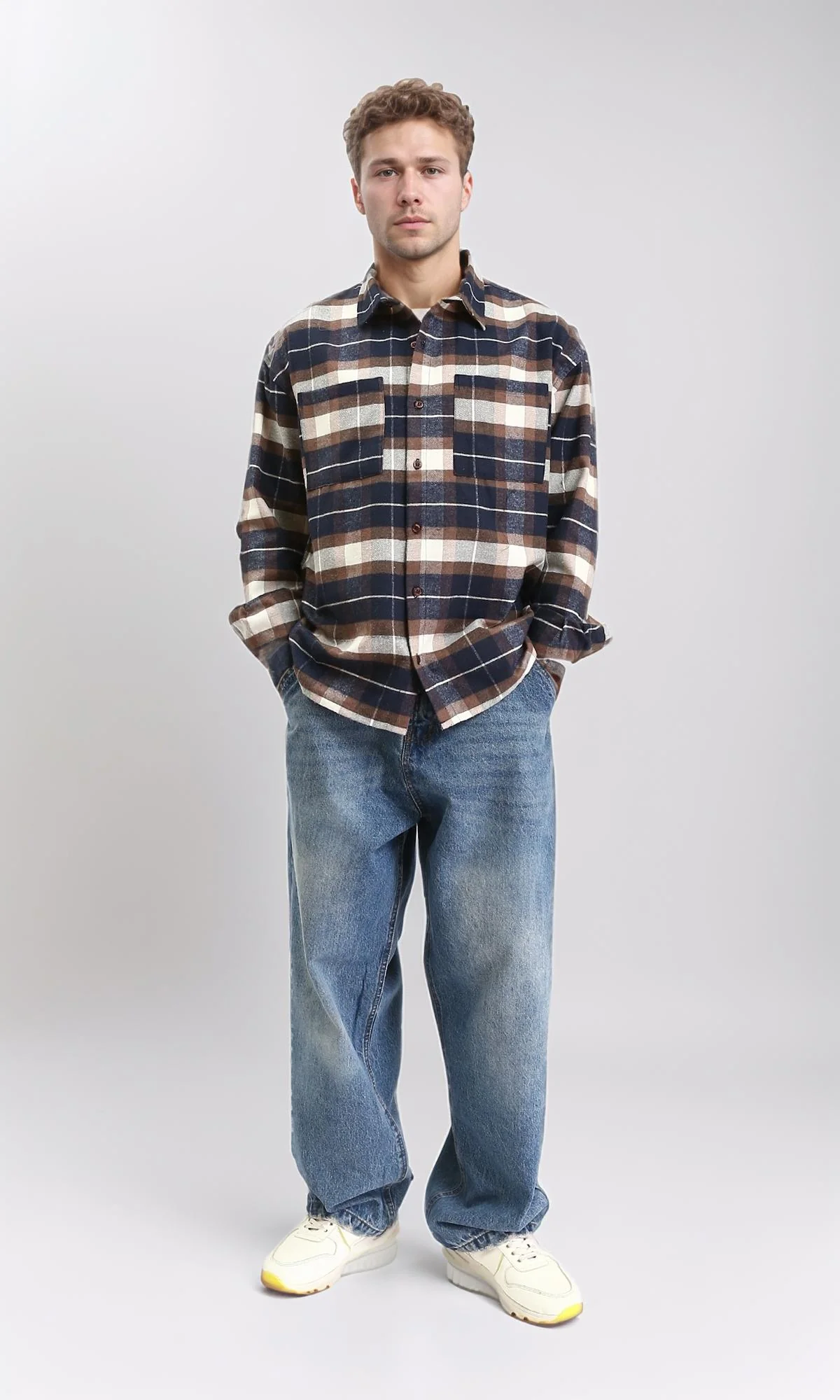 R212085 - Plaid Shirt with Front Pockets - Navy Blue & Brown - Image 4