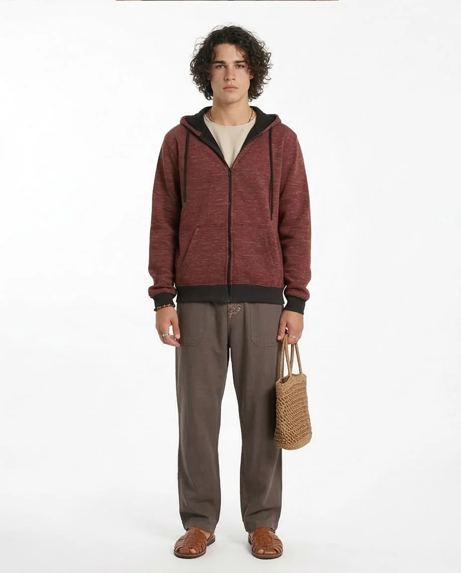 Ravin Men’s Space-Dye Zip-Up Hoodie with Contrast Trim – Burgundy/Black - R212098 - Image 3
