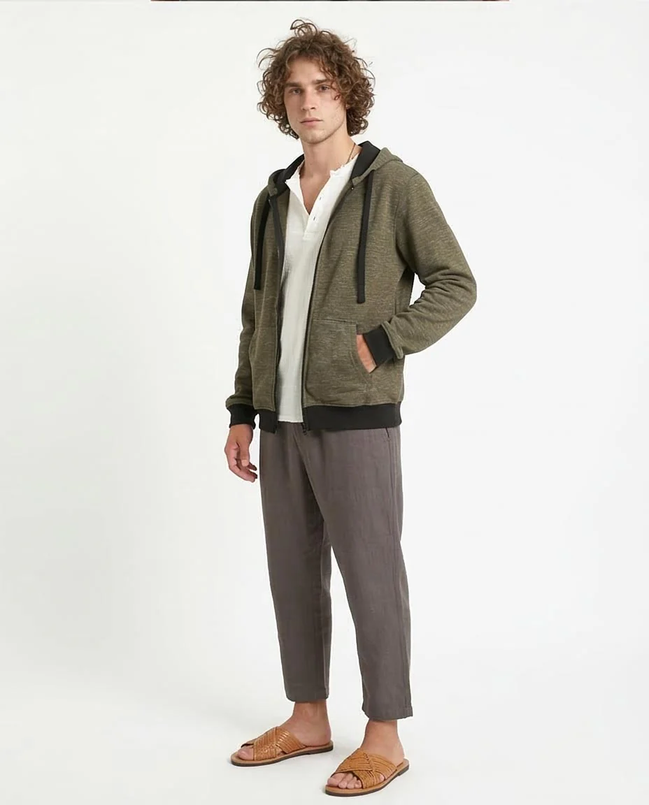 Ravin Men’s Marled Zip-Up Hoodie with Contrast Ribbing – Olive - R212099 - Image 3