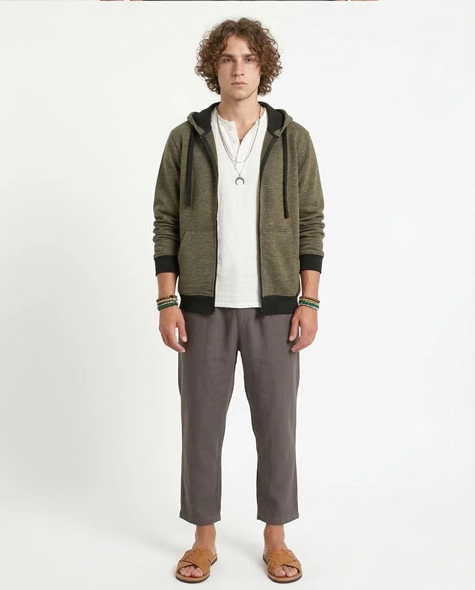 Ravin Men’s Marled Zip-Up Hoodie with Contrast Ribbing – Olive - R212099 - Image 5