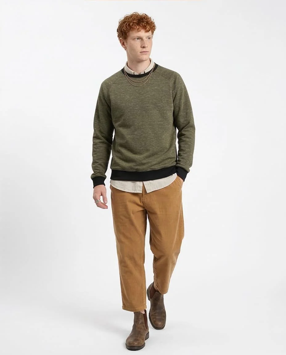 Ravin Men’s Raglan Crewneck Sweatshirt – Olive Marl with Contrast Ribbing - R212104 - Image 5