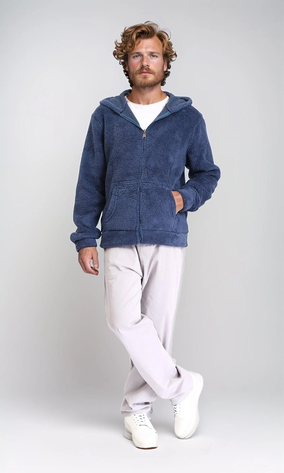 R212106 - Zipped Fur Sweatshirt with Front Pockets - Dusty Blue - Image 4