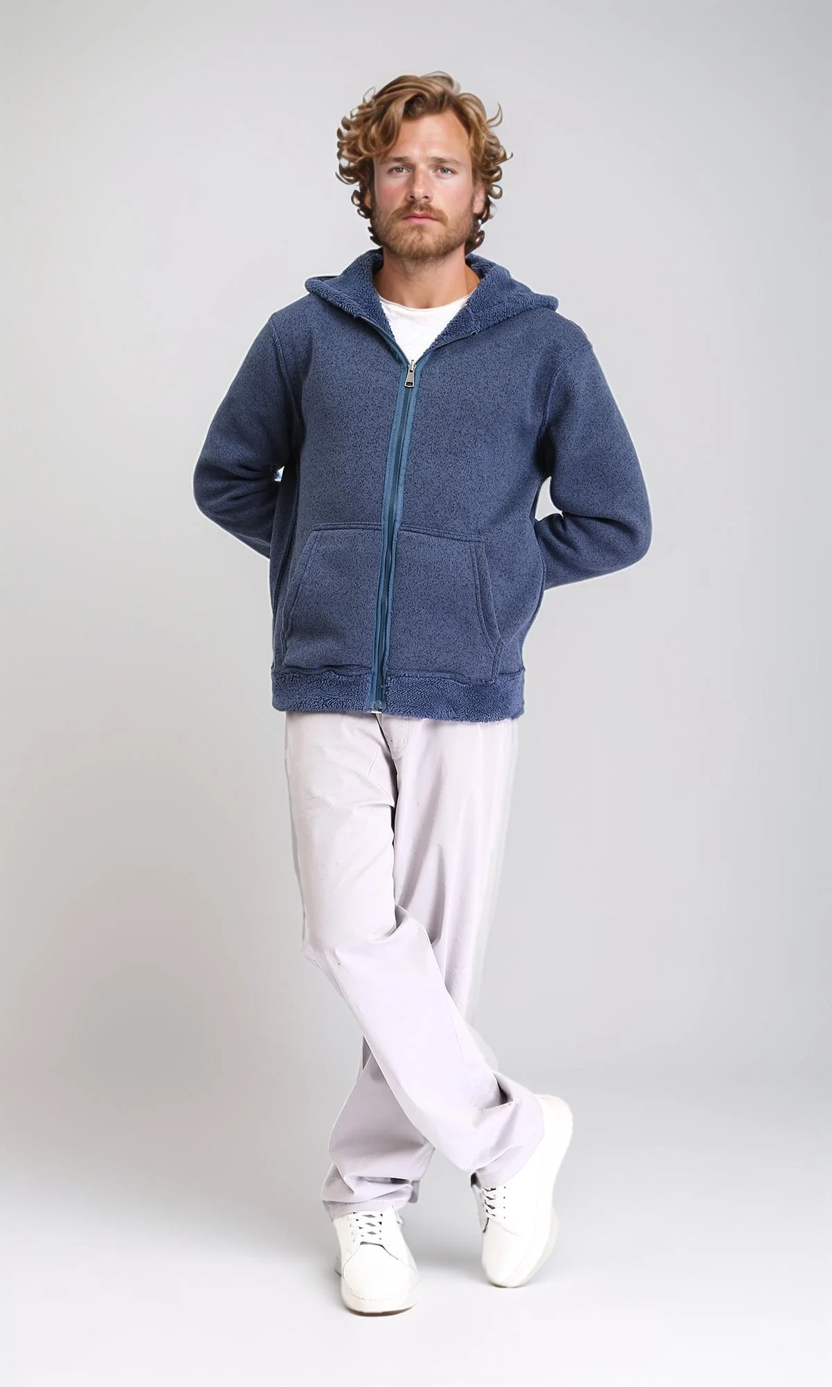 R212106 - Zipped Fur Sweatshirt with Front Pockets - Dusty Blue - Image 5