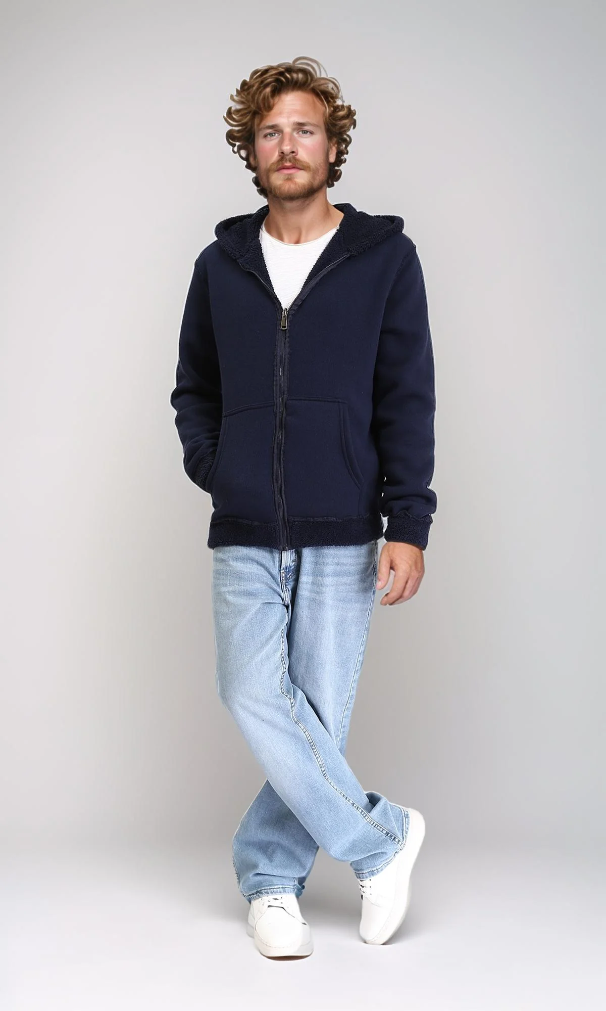 R212108 - Zipped Fur Sweatshirt with Front Pockets - Dark Navy Blue - Image 5
