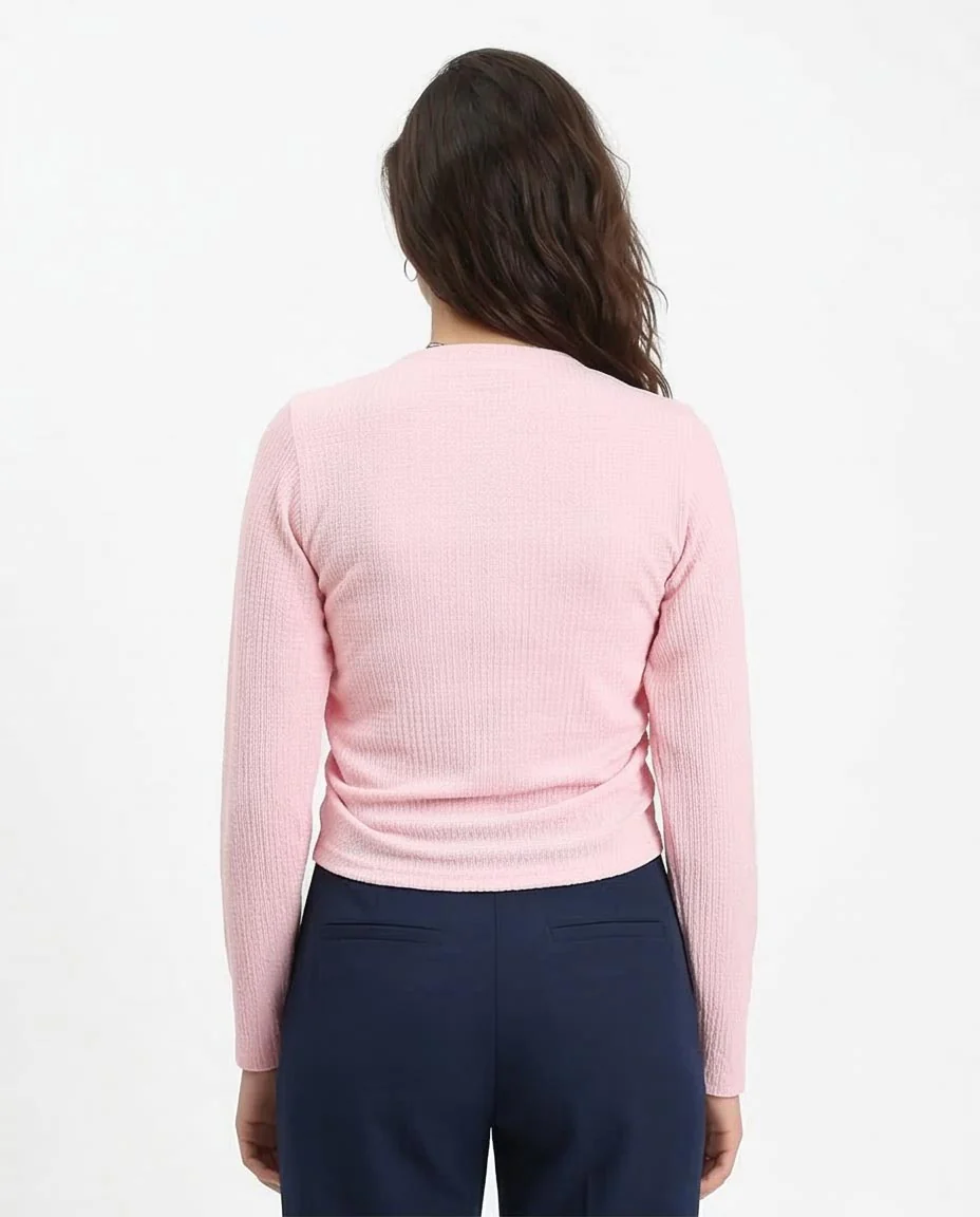 Long Sleeves Textured Top with Drawstring - Light Coral - R212116 - - Image 2