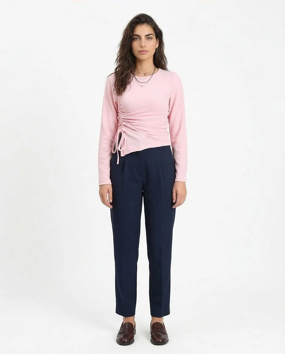 Long Sleeves Textured Top with Drawstring - Light Coral - R212116 - - Image 3