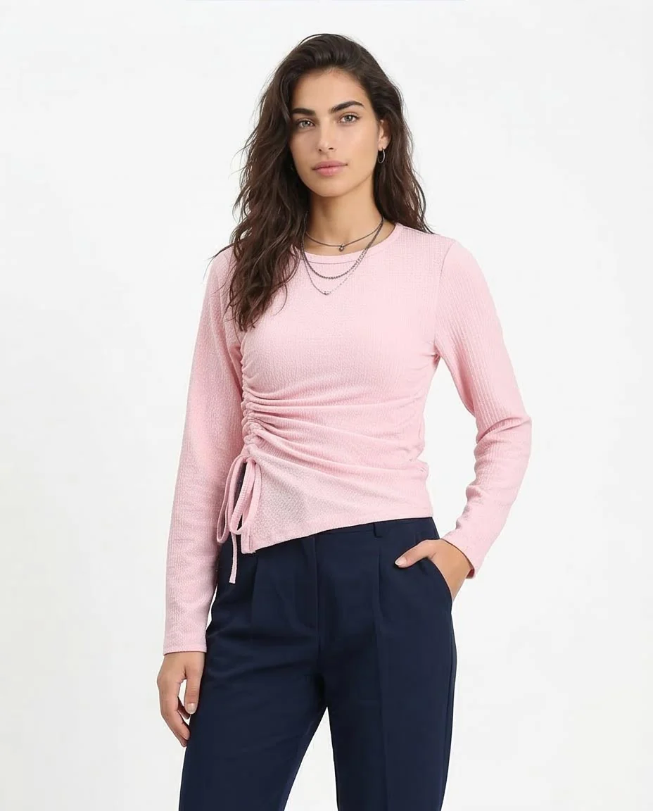 Long Sleeves Textured Top with Drawstring - Light Coral - R212116 - - Image 5