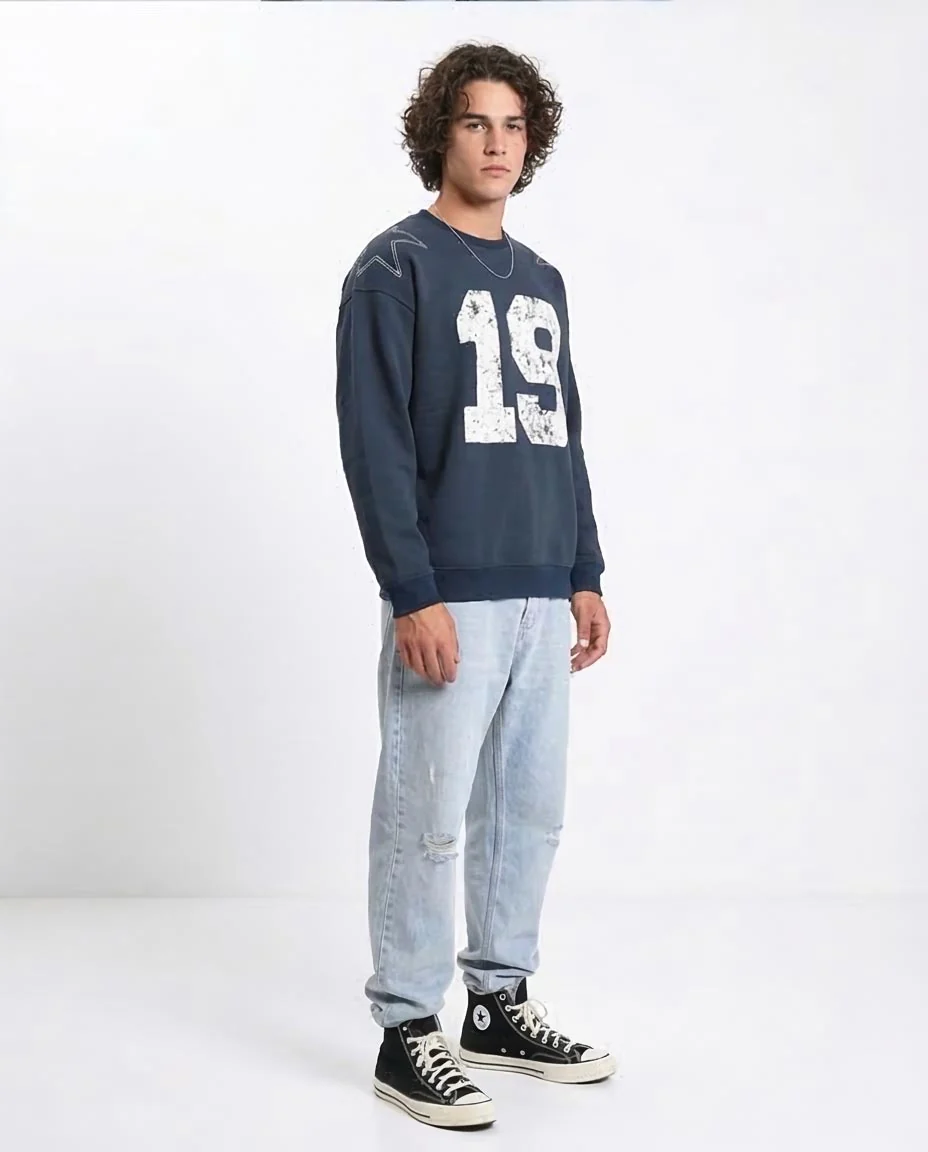 RAVIN | Distressed "19" Star-Stitch Oversized Sweatshirt - Dark Navy Blue - R212200 - Image 5