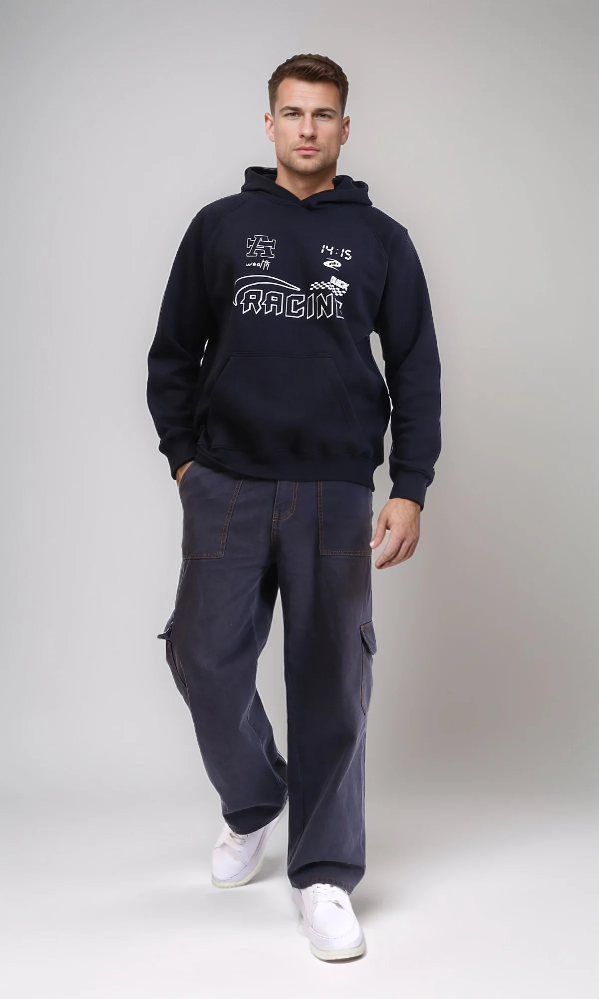 R212207 - Front Print "Racing" Casual Hoodie - Black - Image 4