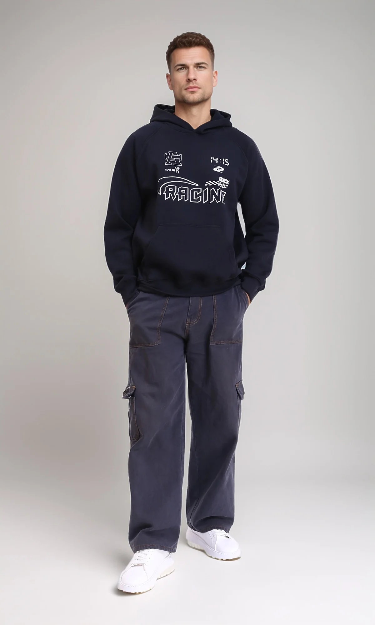 R212207 - Front Print "Racing" Casual Hoodie - Black - Image 5