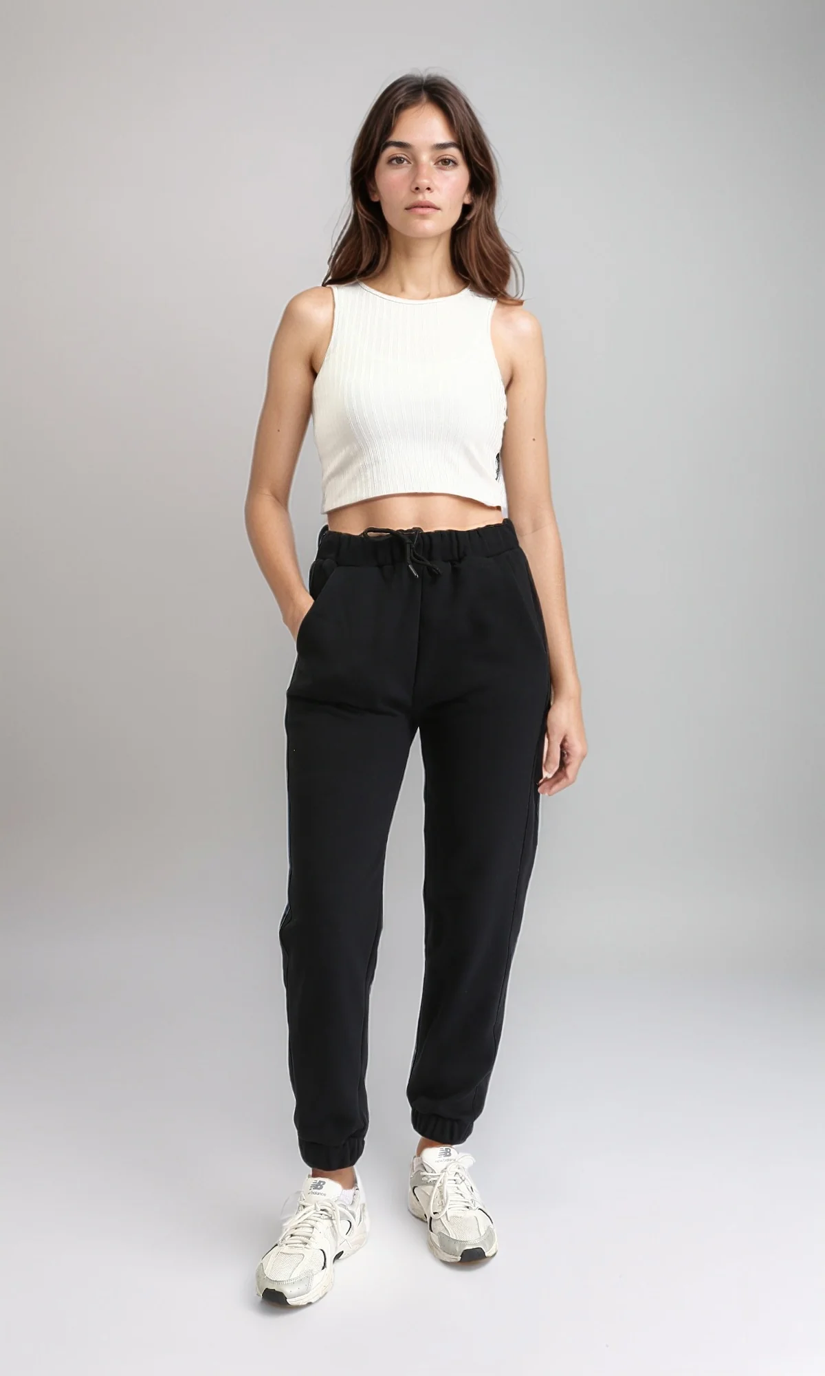 R212302 - Elastic Waist with Drawstring Cotton Sweatpants - Black - Image 4