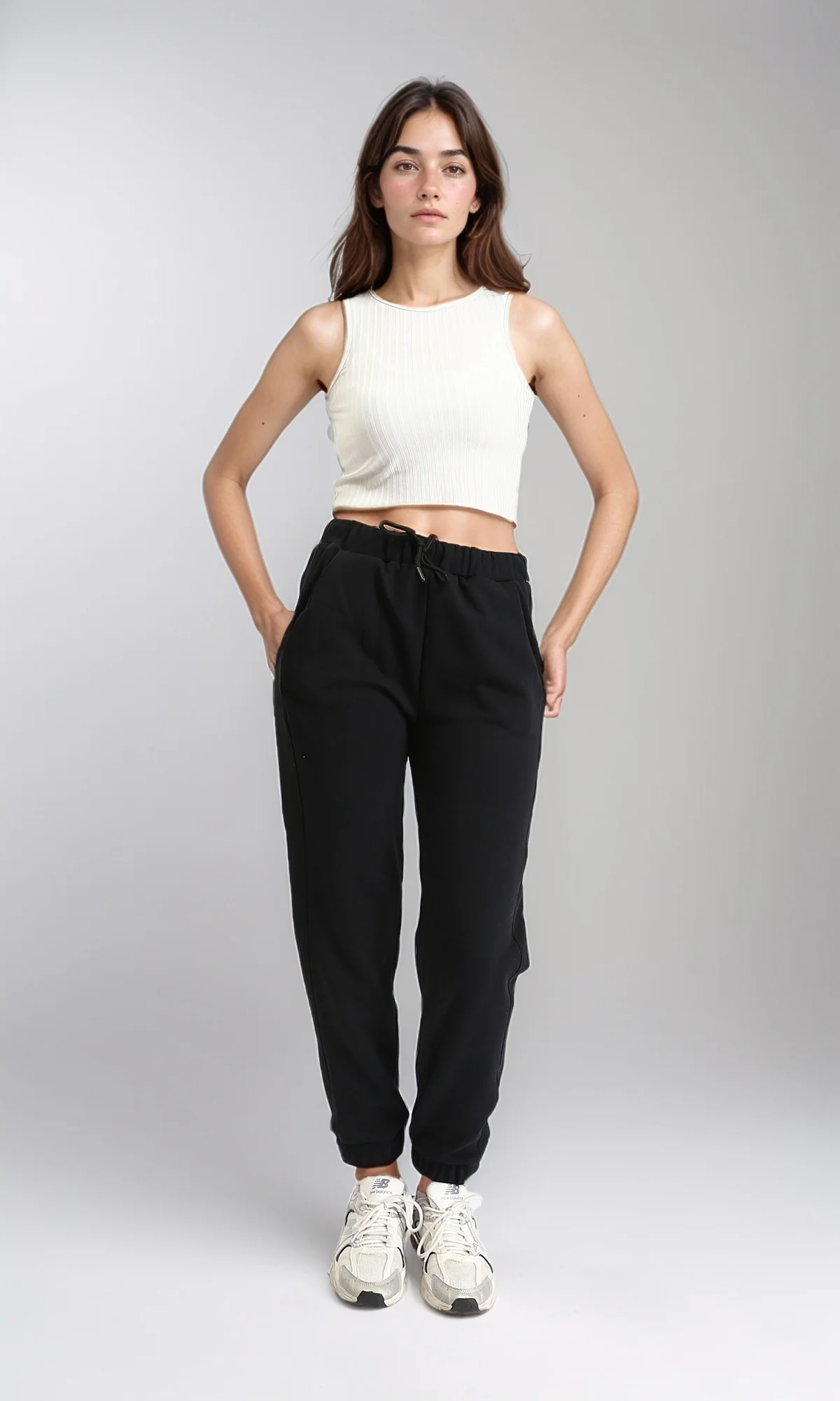 R212302 - Elastic Waist with Drawstring Cotton Sweatpants - Black - Image 5