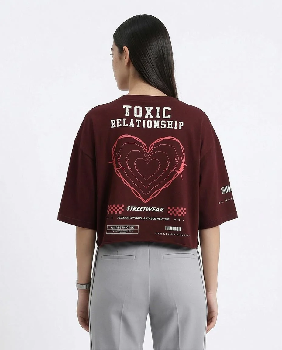 RAVIN | "Toxic Relationship" Raw-Edge Cropped Streetwear Tee - Maroon - R212305 - Image 2