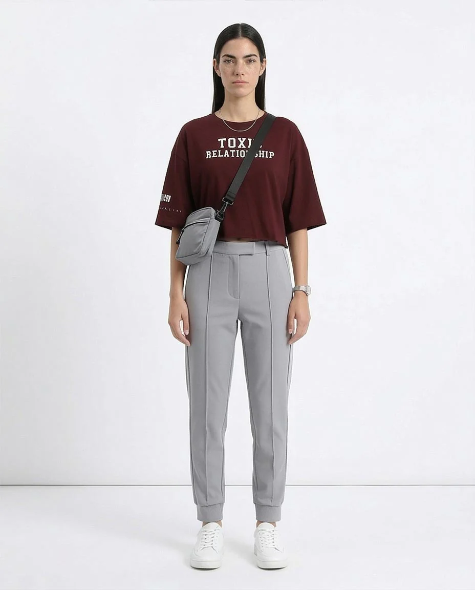 RAVIN | "Toxic Relationship" Raw-Edge Cropped Streetwear Tee - Maroon - R212305 - Image 4