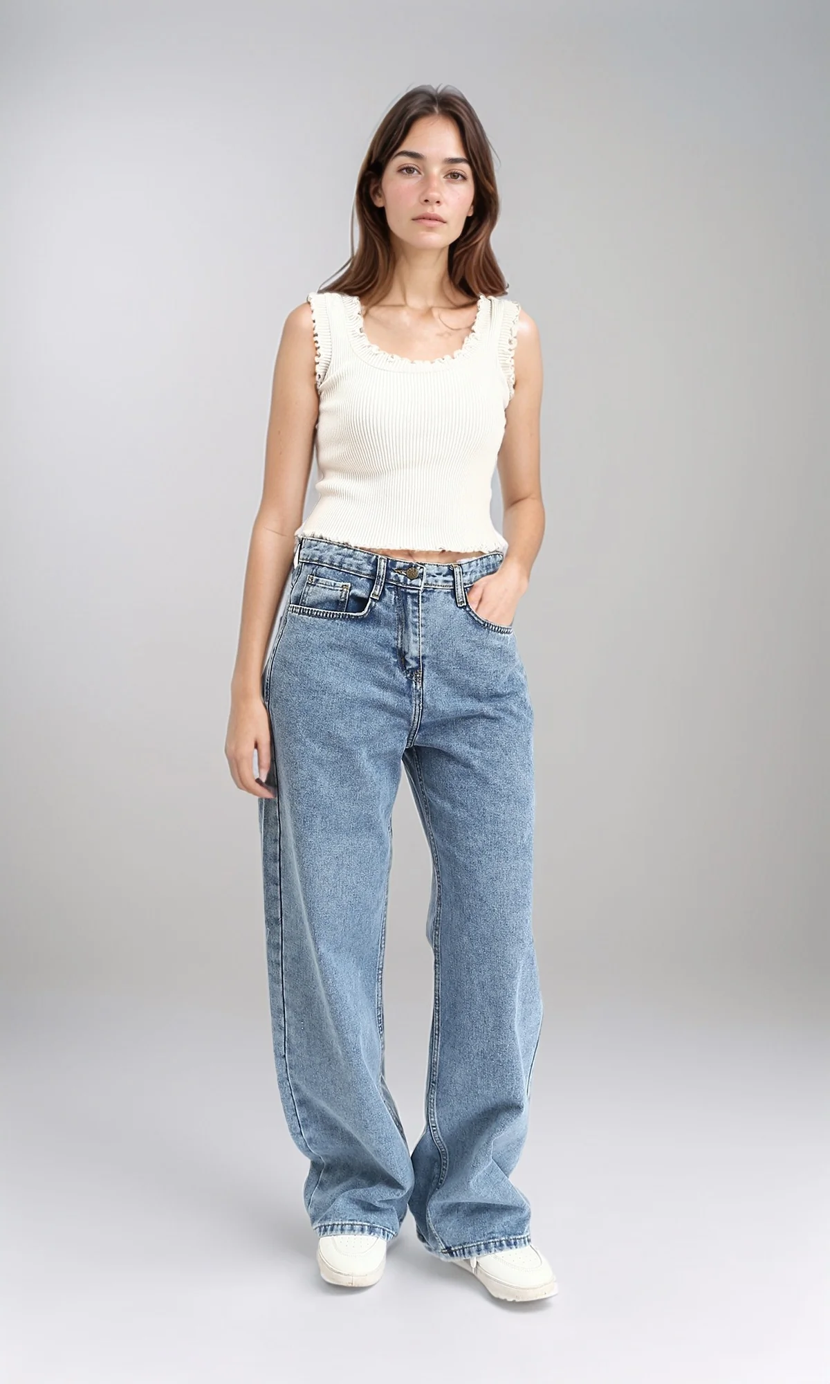 R212316 - Fashionable Solid Wide Leg Jeans - Stonewash - Image 4