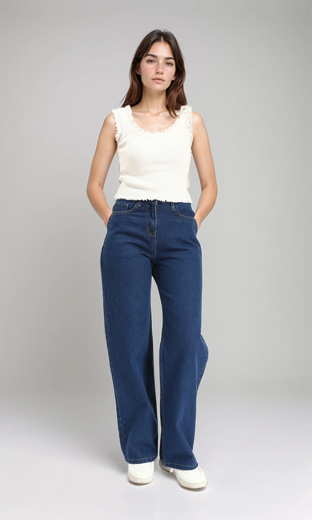 R212317 - Fashionable Solid Wide Leg Jeans - Dark Blue - Image 4