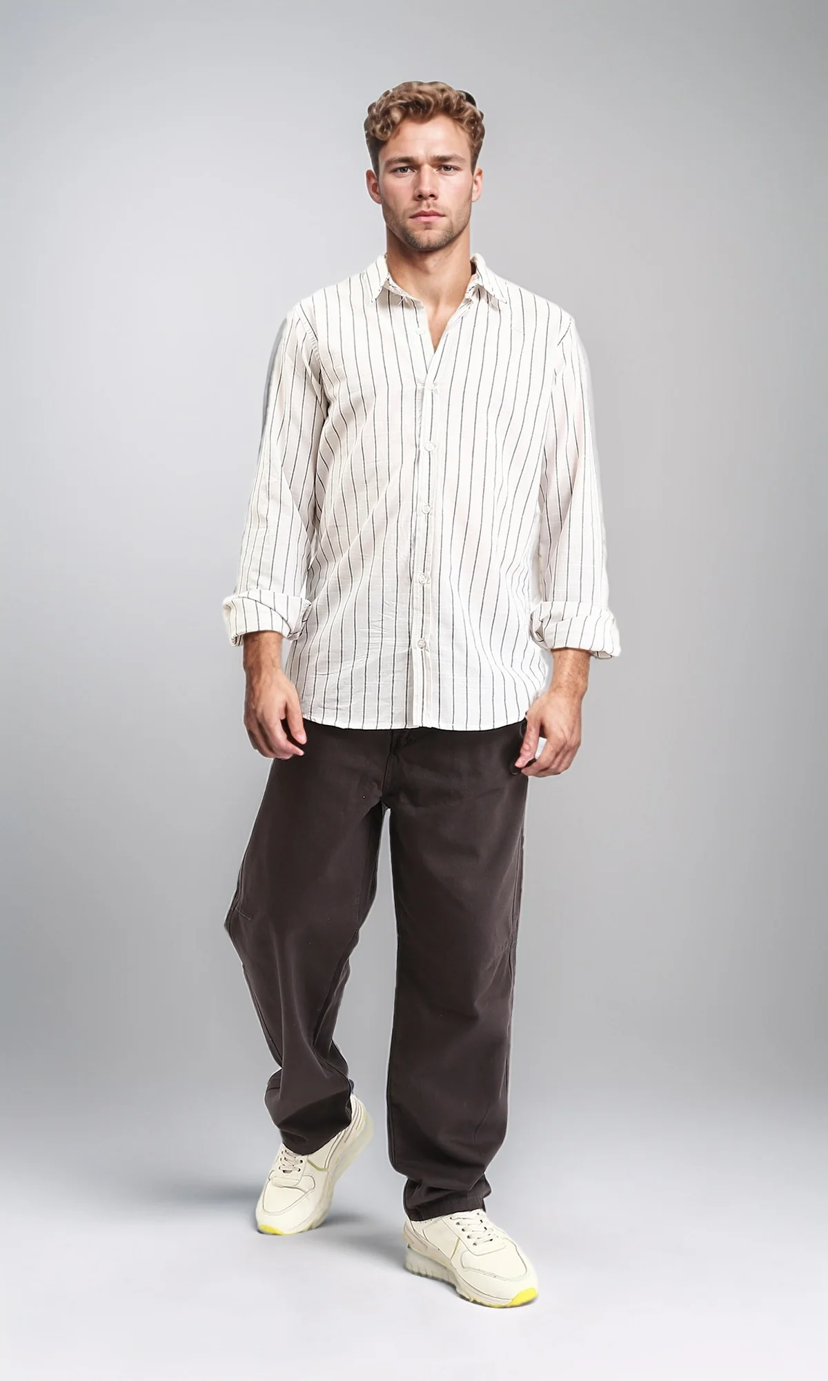 R212448 - Pencil Striped Long Sleeves Shirt - Black & White - Image 4