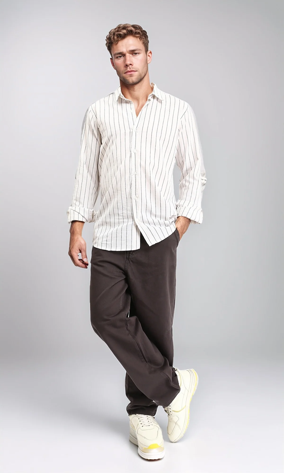 R212448 - Pencil Striped Long Sleeves Shirt - Black & White - Image 5