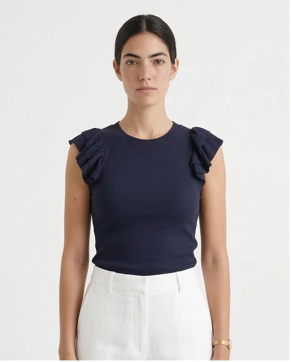 Ravin Women’s Ribbed Knit Cap-Sleeve Top with Ruffle Detail - Navy Blue - R212450 - Image 2