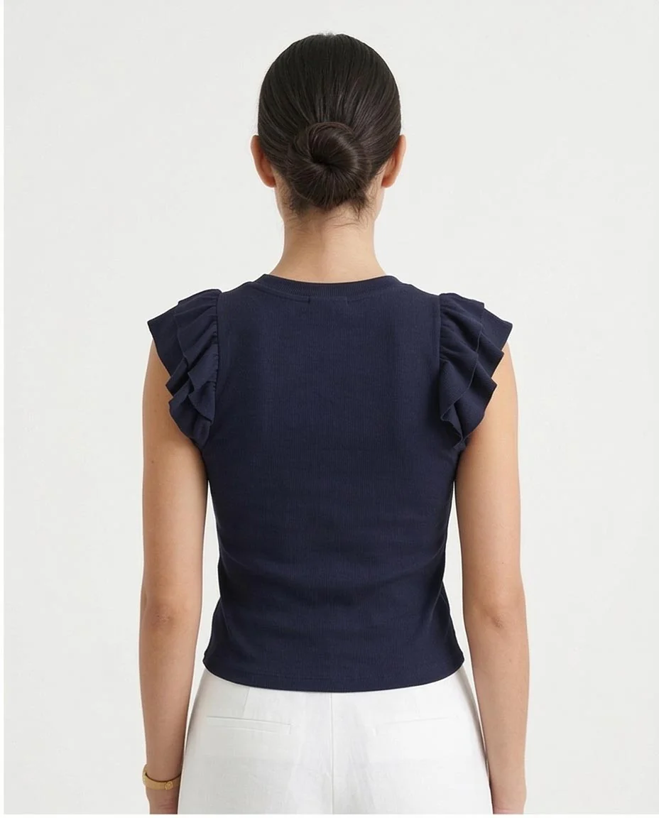Ravin Women’s Ribbed Knit Cap-Sleeve Top with Ruffle Detail - Navy Blue - R212450 - Image 4