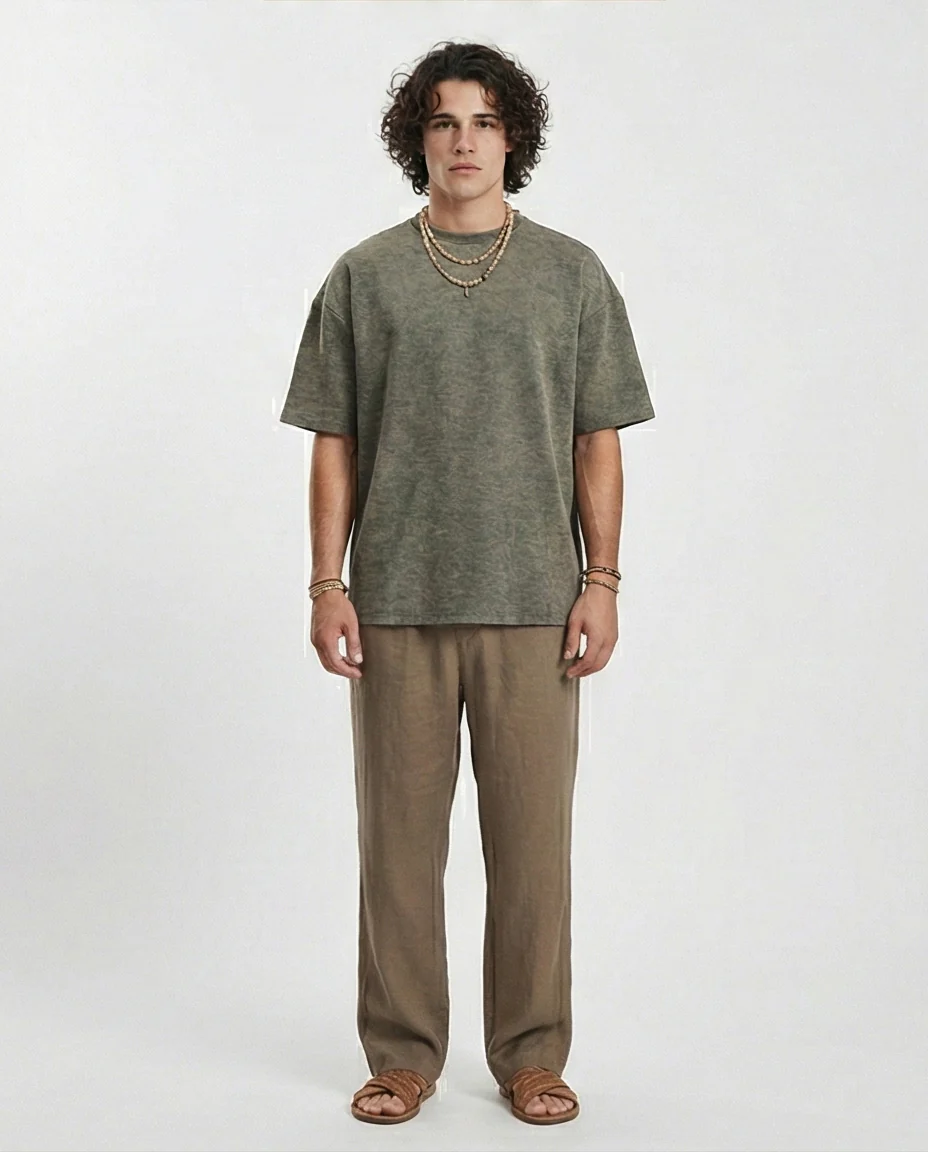 R212507 - Patterned Slip On Crew Neck Tee - Dark khaki - Image 3