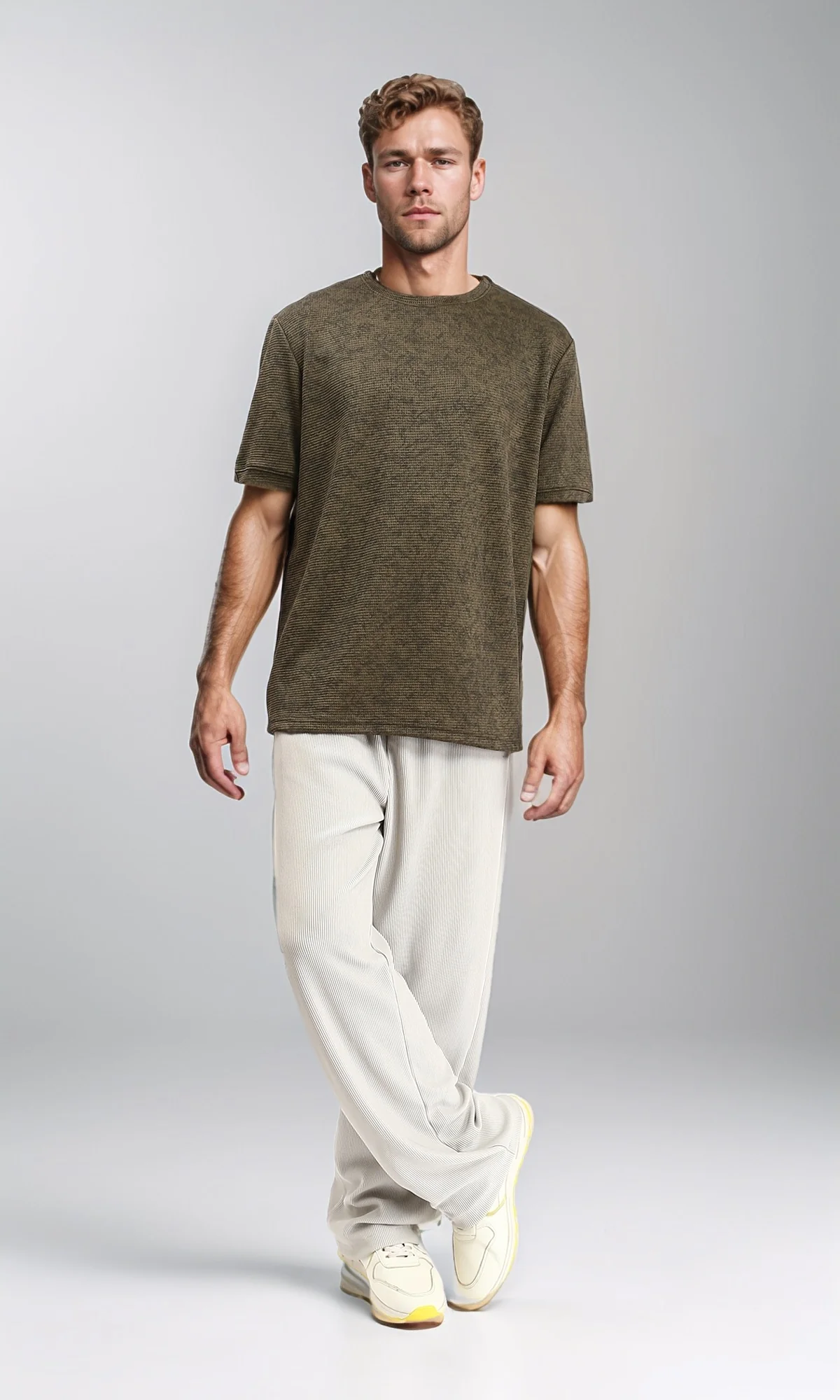 R212509 - Patterned Slip On Crew Neck Tee - Dark khaki - Image 5