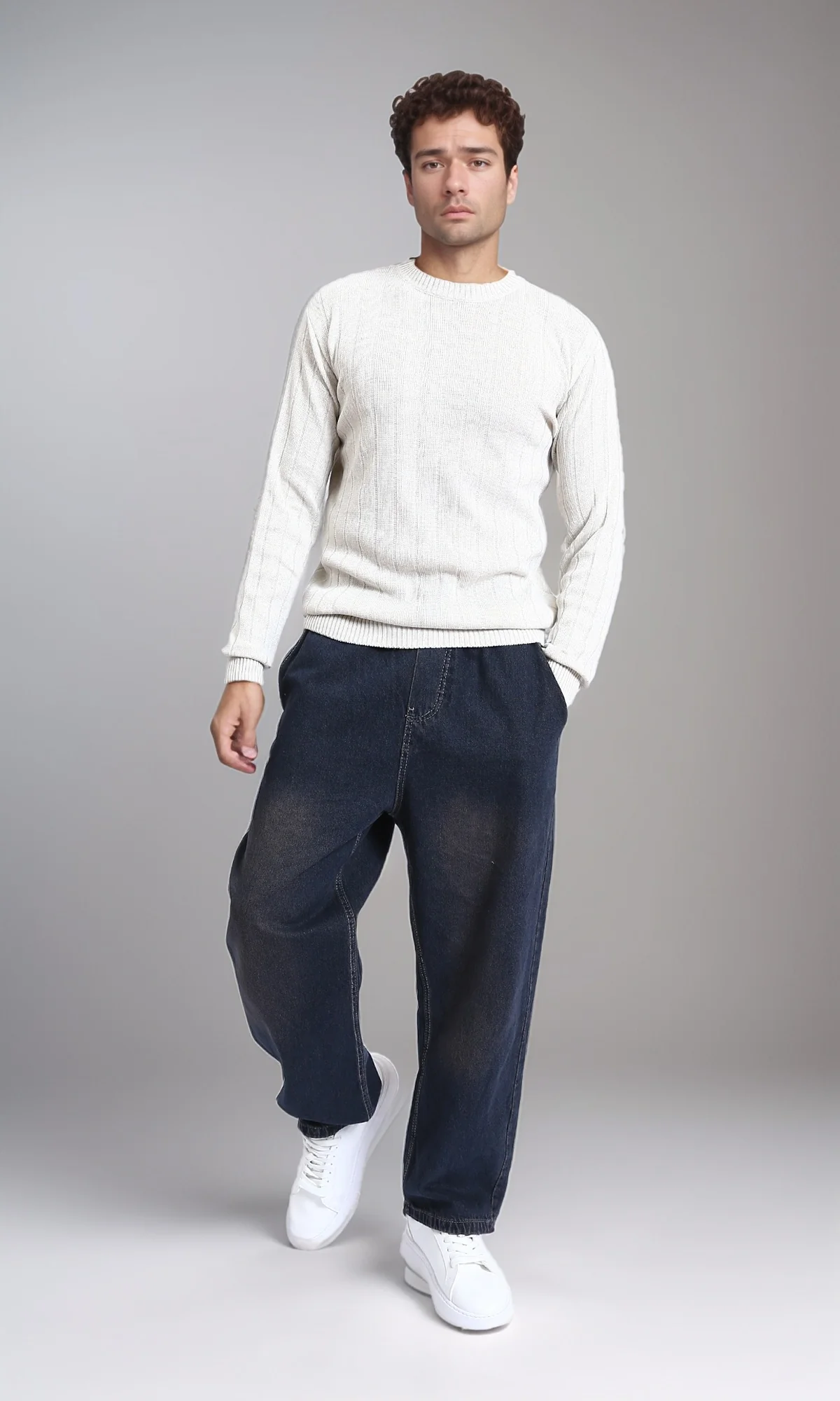 R212598 - Self Striped Winter Basic Pullover - Off-White - Image 4