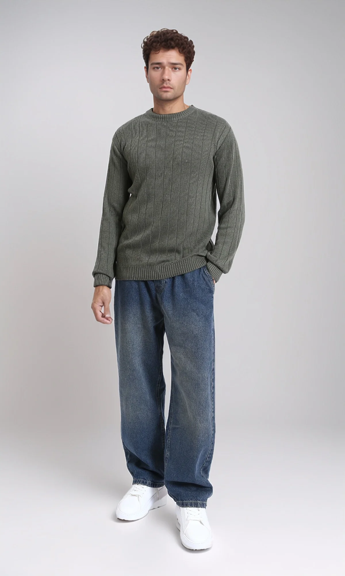 R212599 - Self Striped Winter Basic Pullover - Dark Khaki - Image 4