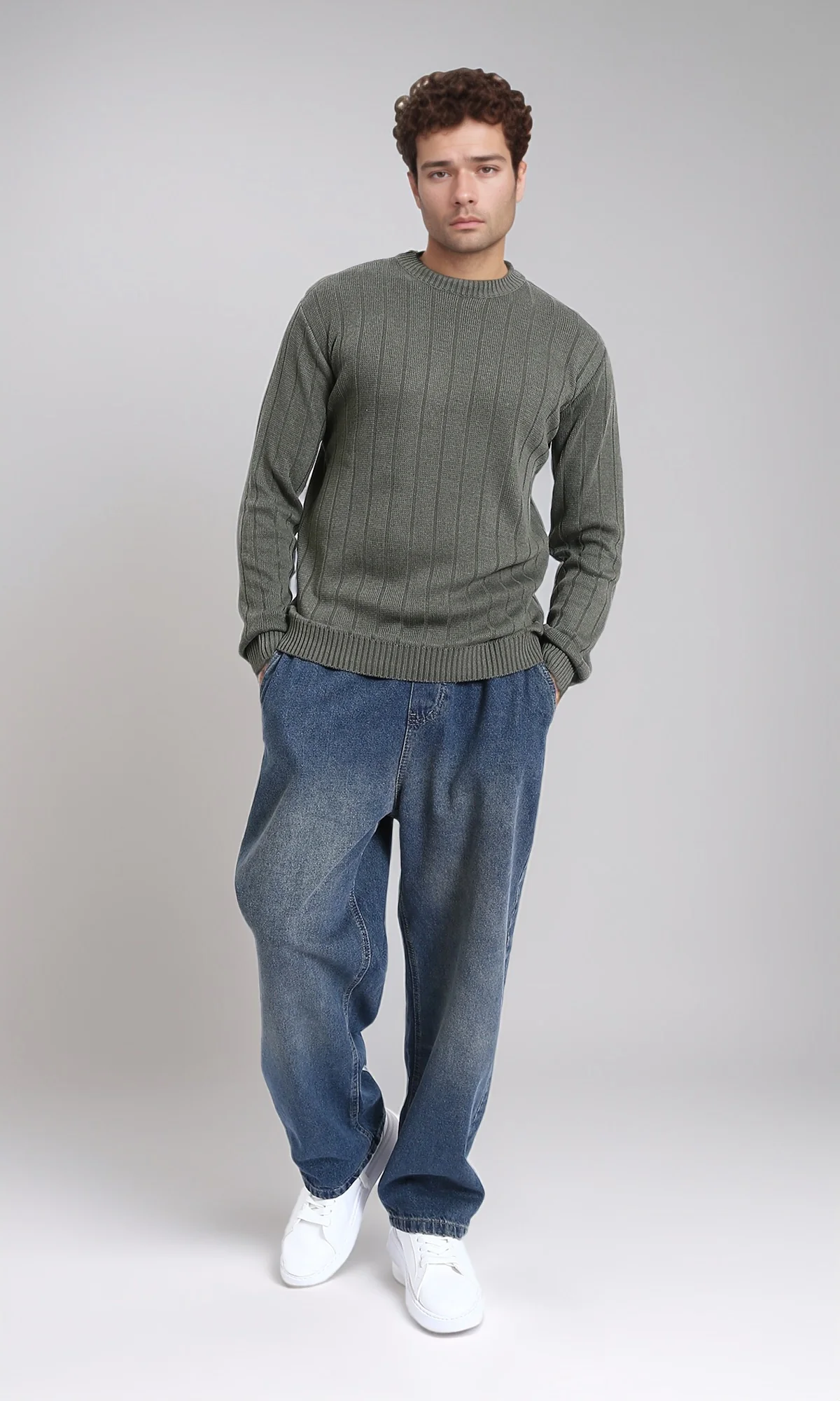 R212599 - Self Striped Winter Basic Pullover - Dark Khaki - Image 5