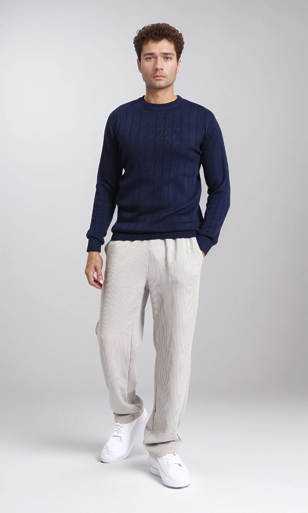 R212600 - Self Striped Winter Basic Pullover - Navy Blue - Image 4