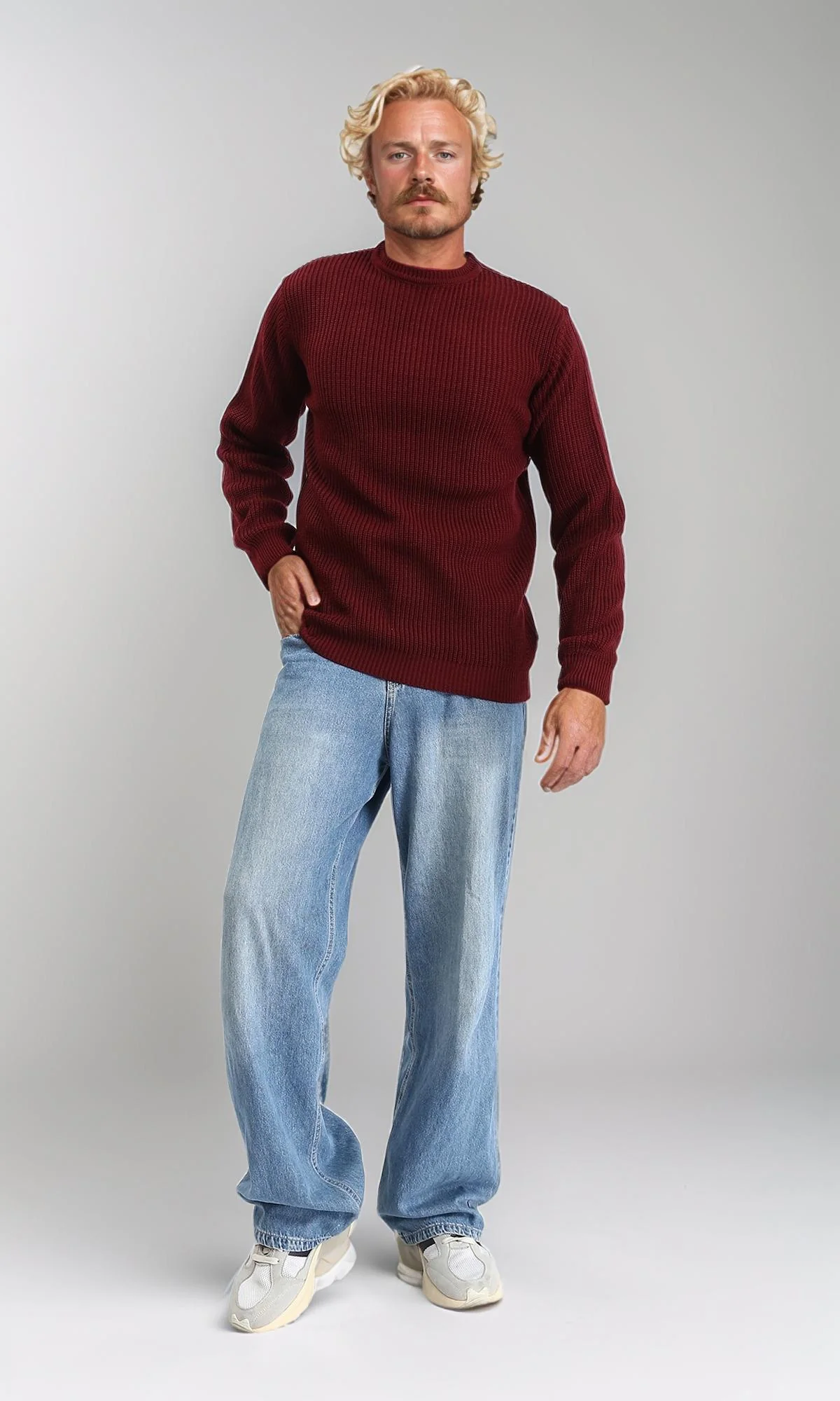 R212618 - Slip On Round Neck Knitted Pullover - Dark Burgundy - Image 5